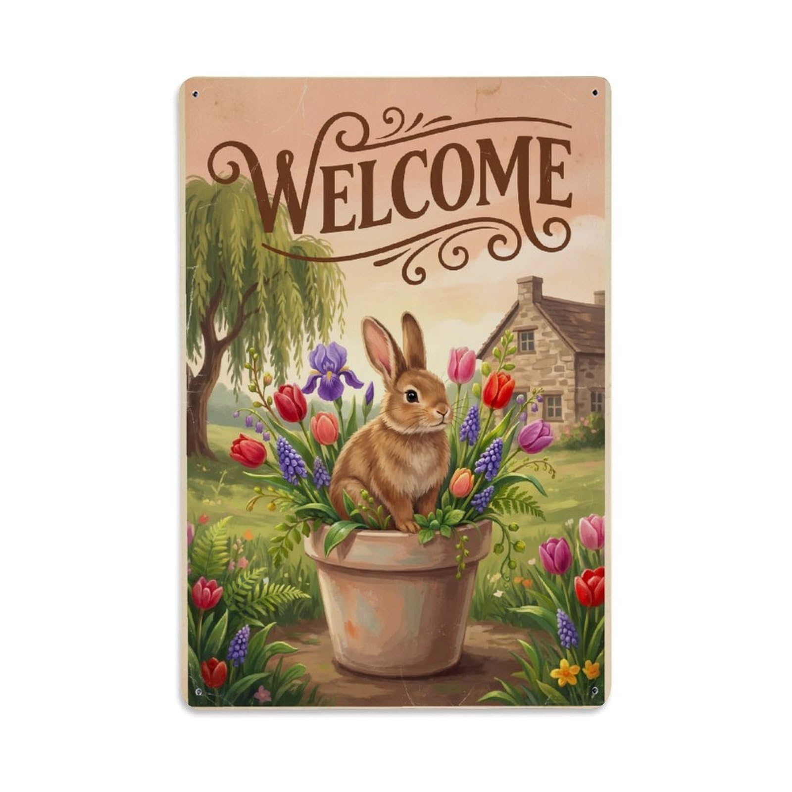 Cxhjca 8X12inch(20X30cm) Vintage Welcome Rabbit Farmhouse Metal Tin Sign