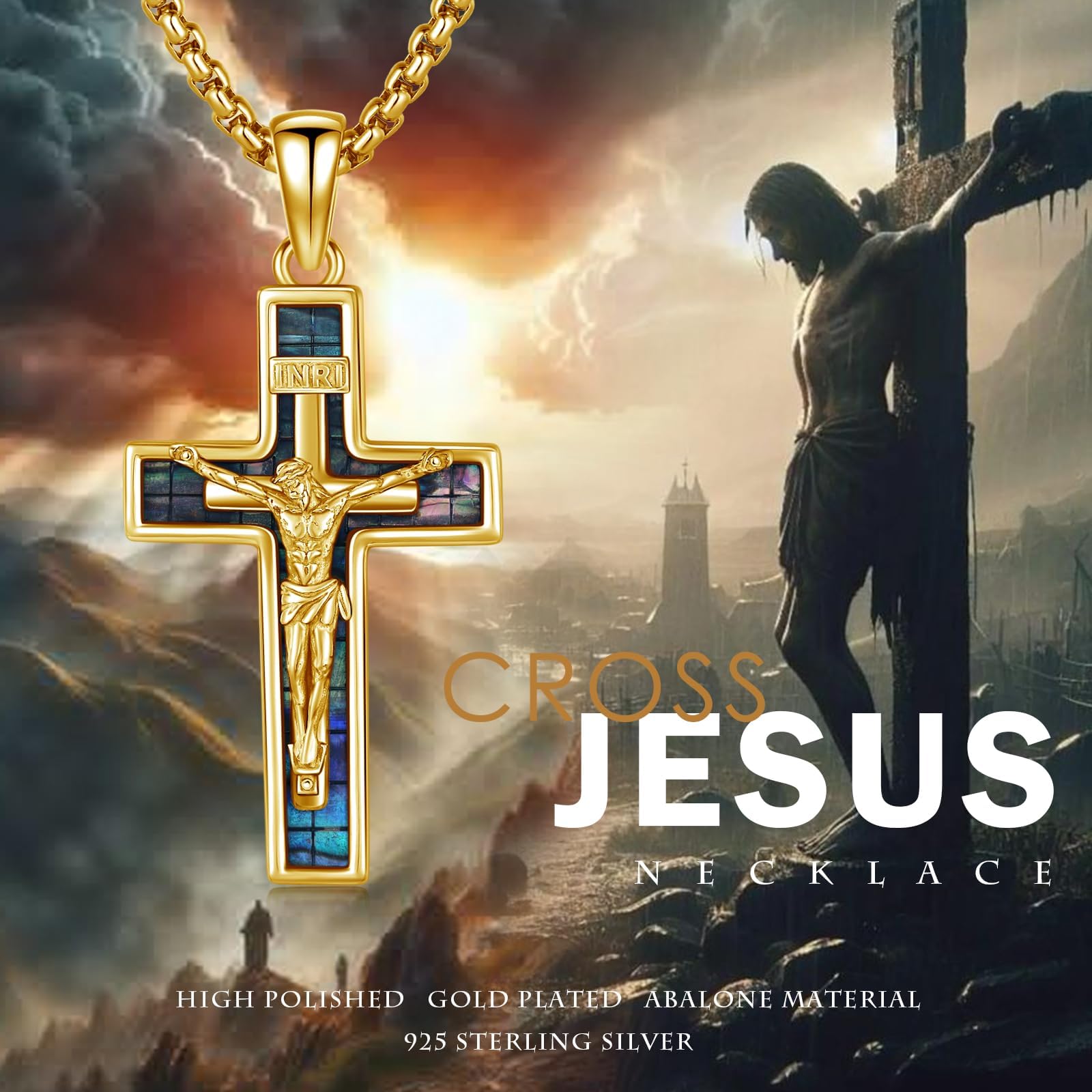 OHAYOO Kreuz Kette für Herren - 925 Silber Kruzifix Kreuzanhänger mit Abalone/Türkis/Malachit/Lapislazuli & Edelstahlkette - Christliche Silber Kette für Männer