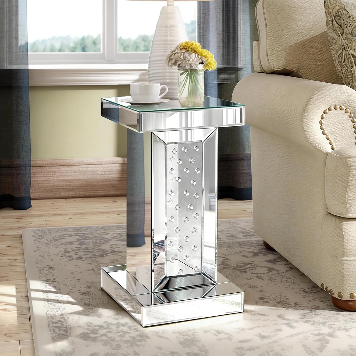 Silver Mirrored End Table, Minimalist Side Accent Tables, Small Coffee Table for Living Room, Bedroom, Corner, 11.8"x11.8"x22"