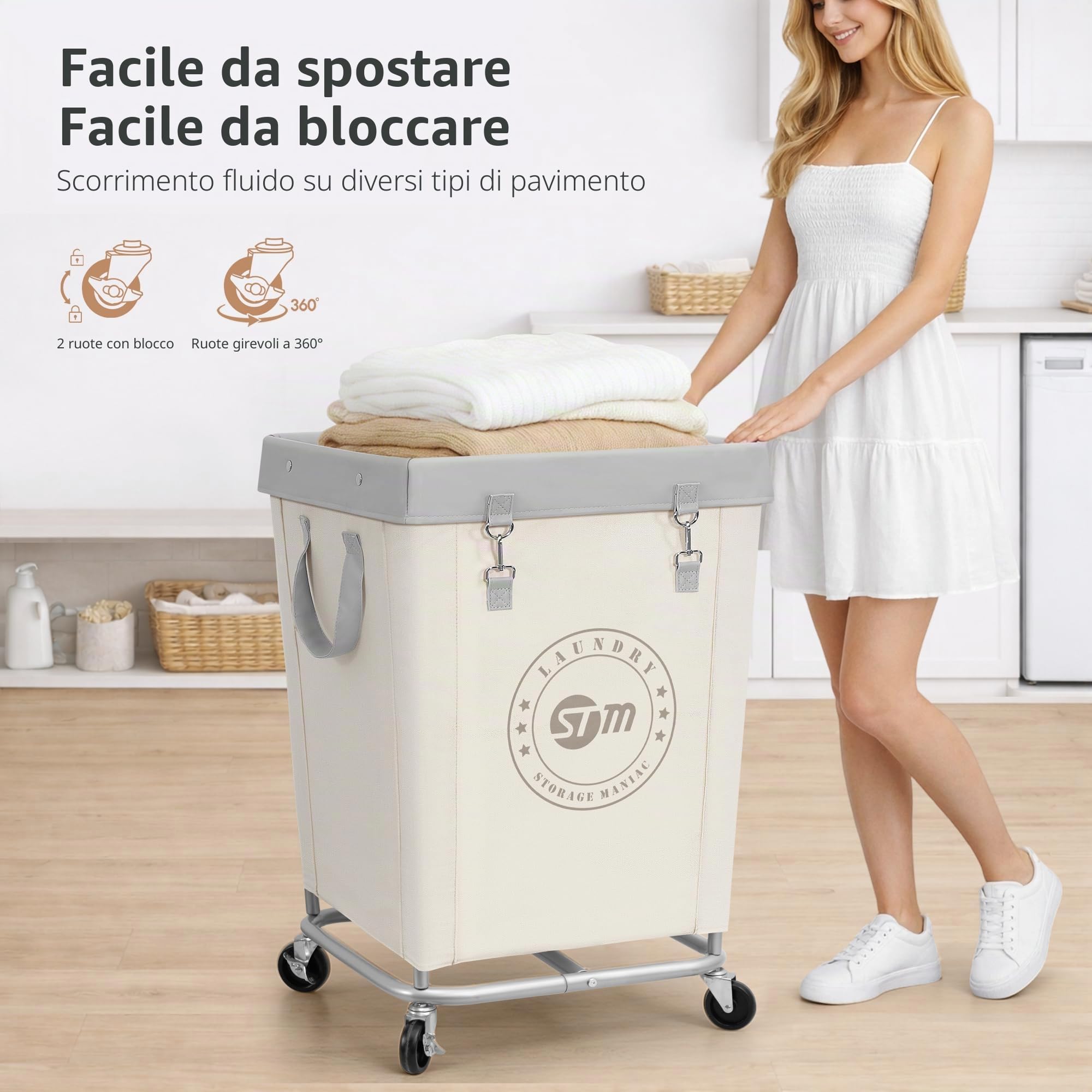 STORAGE MANIAC Cesto portabiancheria commerciale con telaio in acciaio resistente, 160 l, cesto portabiancheria industriale con ruote, per hotel, casa, lavanderia, 45 x 45 x 70 cm, beige medio