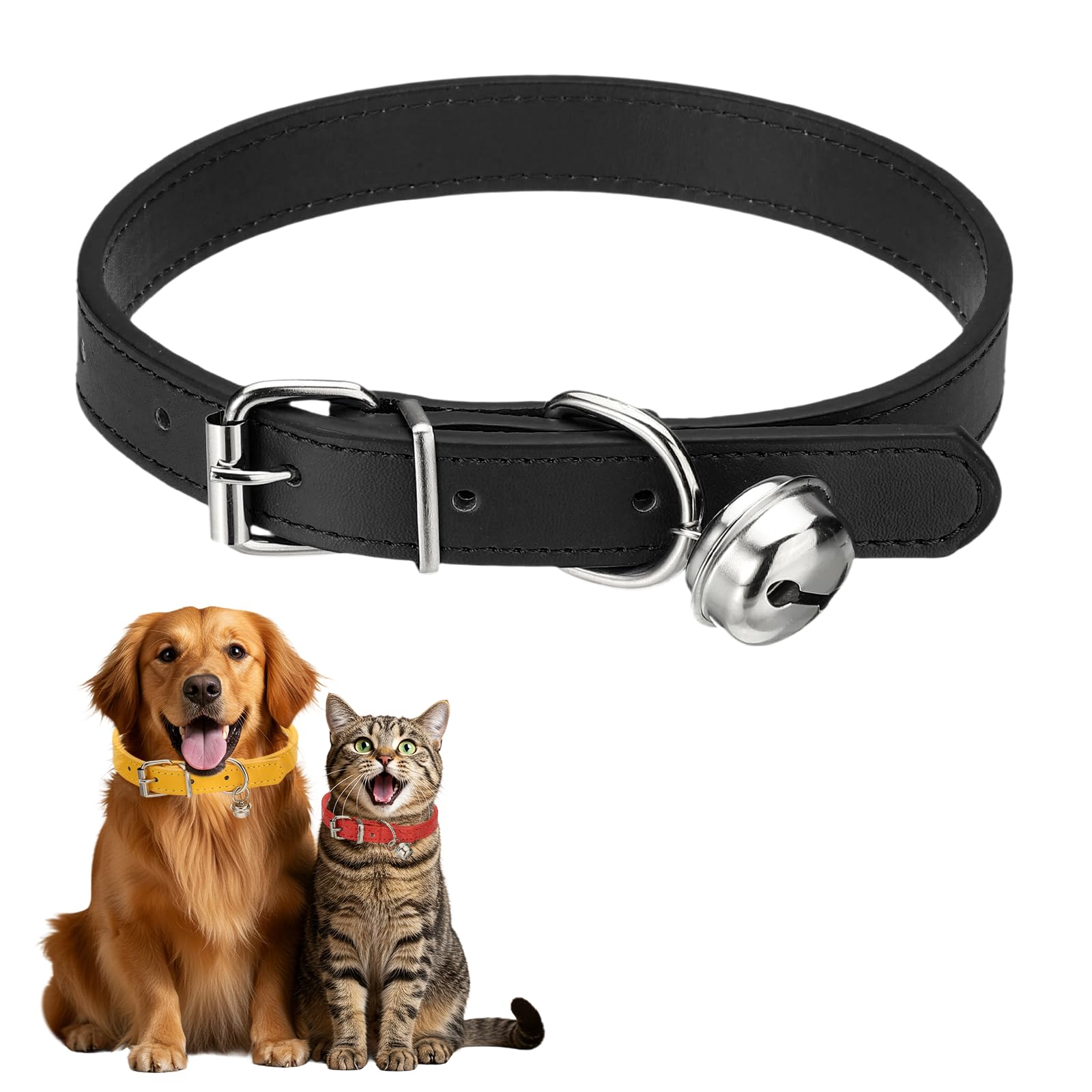 sourcing map Dog Collar with Bell, Pu Leather Cat Collars Pet Basic Soft Padded Adjustable Buckle, 20" (Black, 1 Pcs), Intended for Teacup/Little Dog/Kitten Cats/Small Animals — image 1