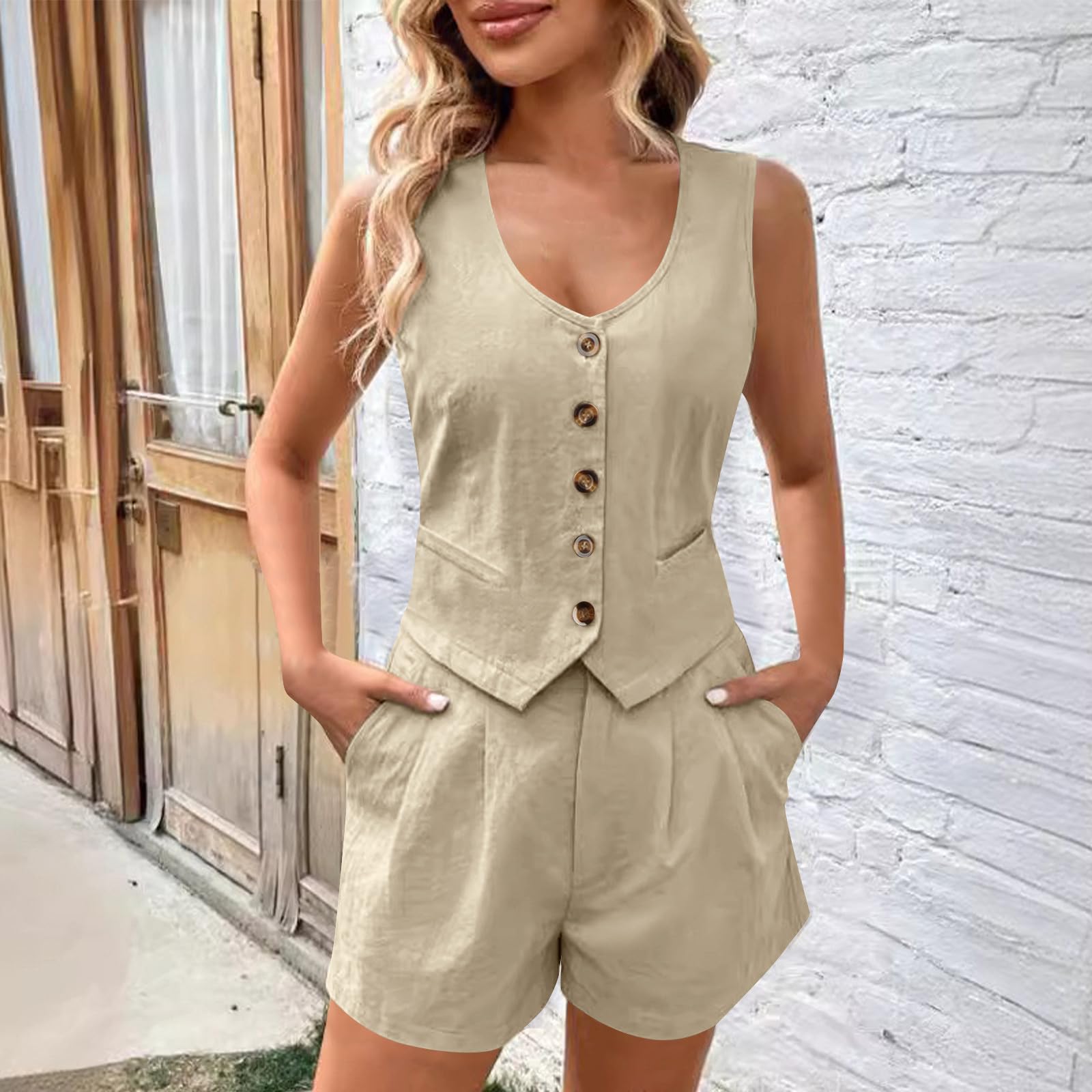 Generic Work Sets for Womens V Neck Sleeveless Button Down Tank Top Casual Shorts with Pockets Solid Loose Business Outfits?Khaki,Medium