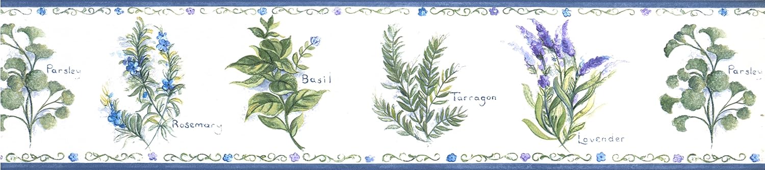 CONCORD WALLCOVERINGS ™ Floral Herb Wallpaper Border, 5.5" x 15' Cottage Farmhouse Decor, Prepasted Washable Vinyl, Botanical Herb Print, Kitchen Dining Room #KT77901