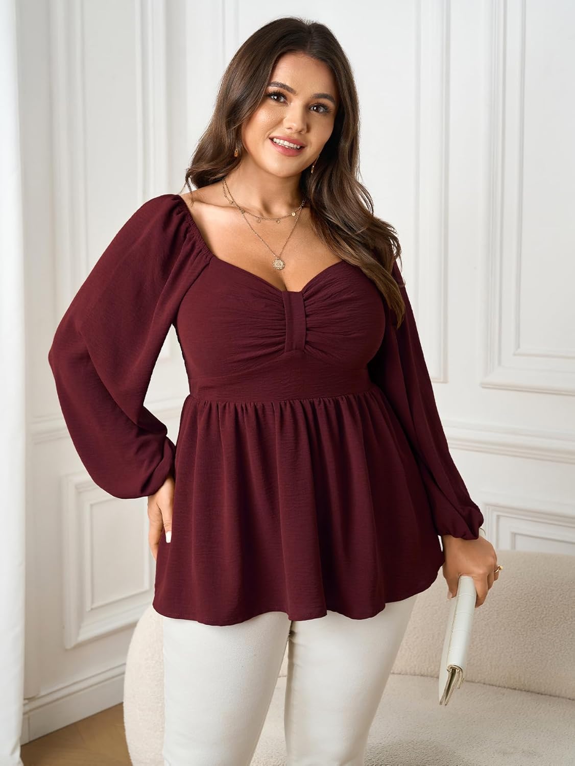 SCOMCHIC Women's Plus Size Blouses Long Sleeve Sweetheart Neckline Babydoll Ruffle Peplum Smocked Cute Casual Fall Tops - Image 3