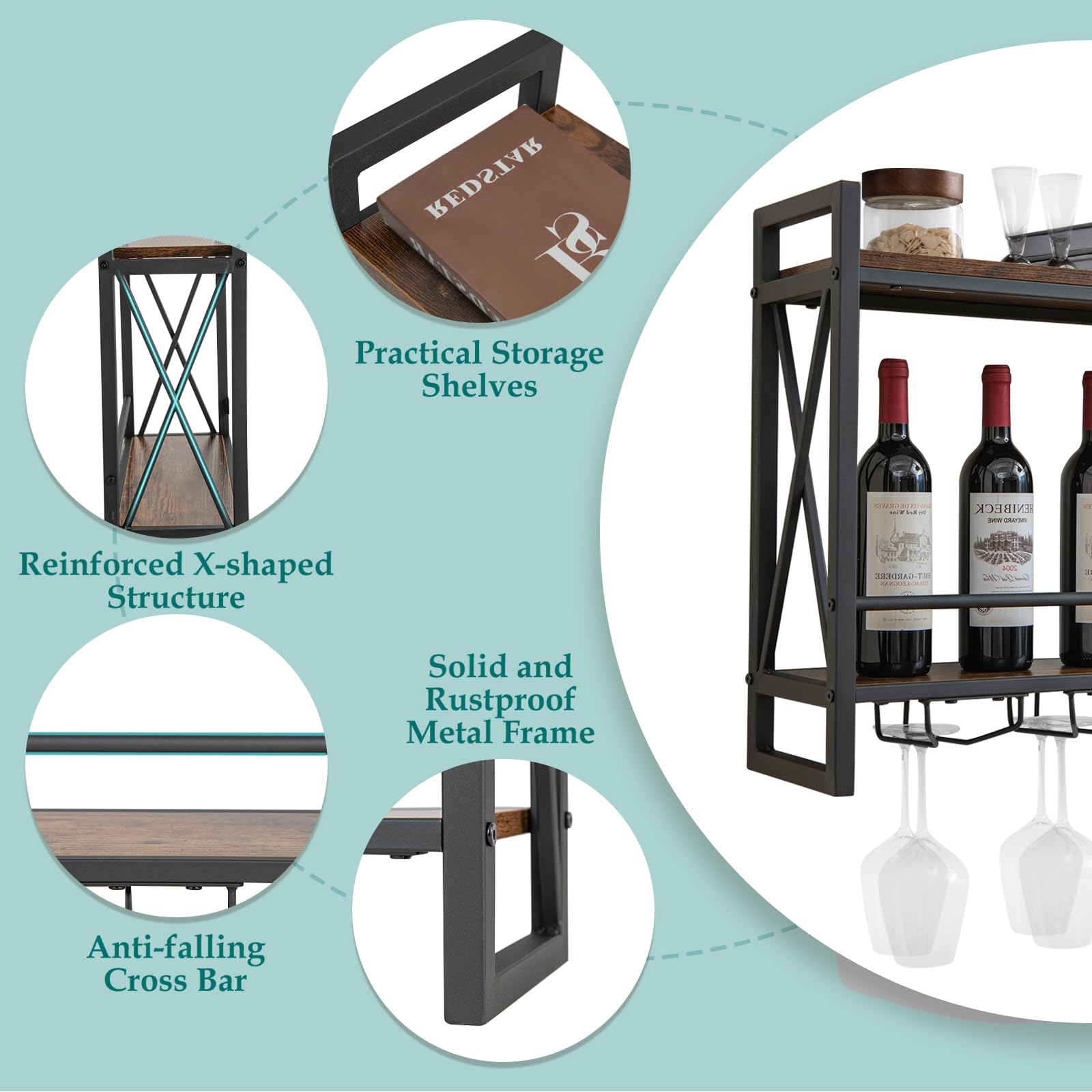 en.casa] Cantinetta Vino Scaffale Porta Bottiglie da Vino e Calici con Piani di Appoggio Mobile Portavino Portabicchieri 120 x 61 x 33 cm Nero/Effetto Rovere