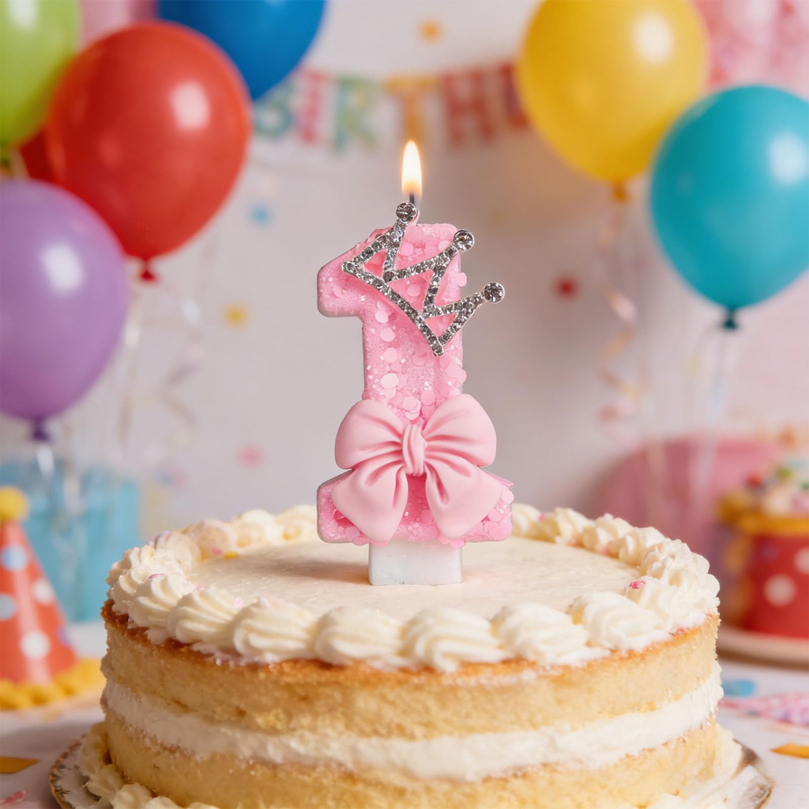 1st Birthday Candle - Pink Number 1 Candle with Bow & Crown Decoration for Girls' First Birthday Party, Cake Topper (7.5cm Height)