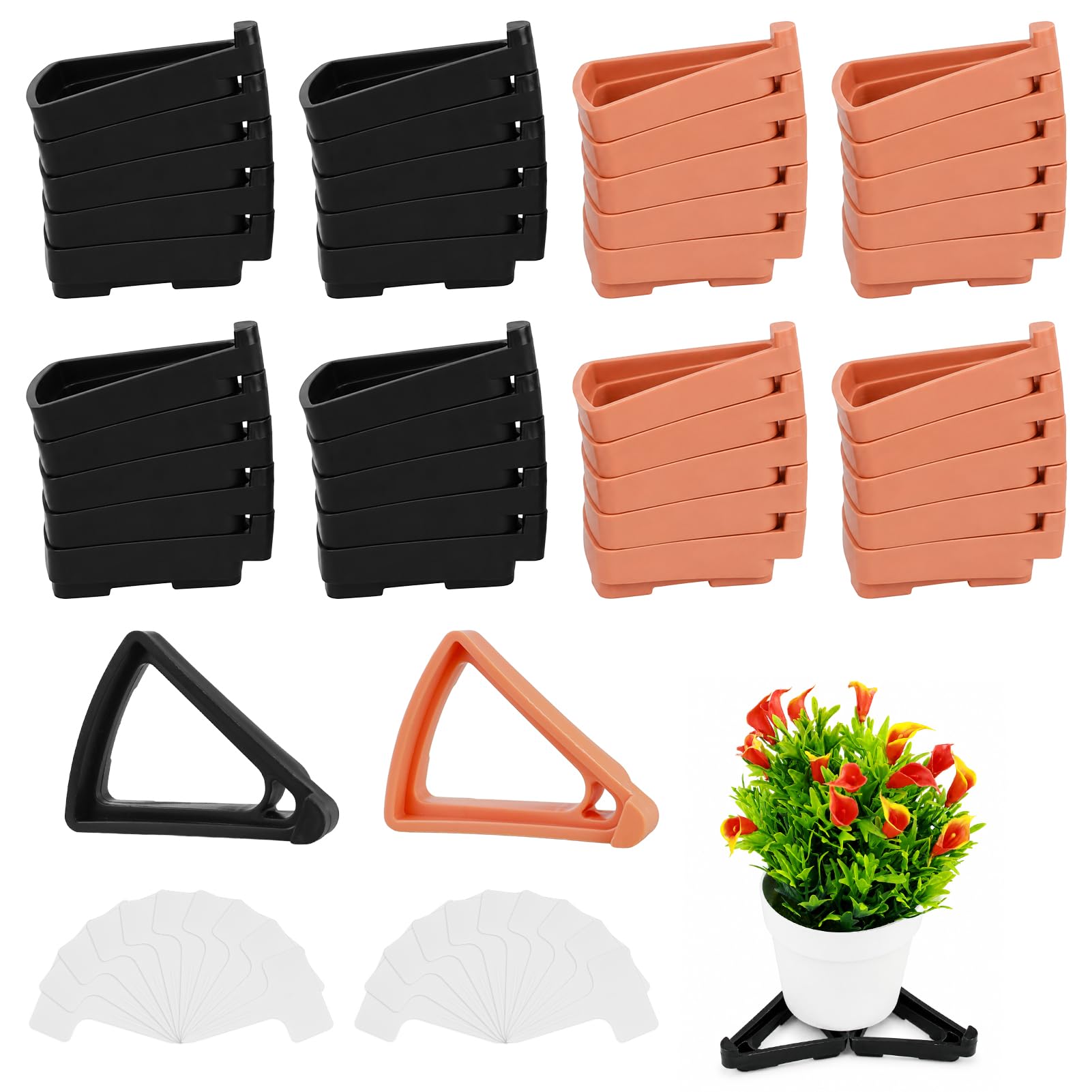 40 Pcs Plant Pot Feet for Outdoor Plant Pots, Feet for Garden Pots with 20 Plant Lables, Invisible Triangle Pot Toes Plant Feet, Triangle Plant Pot Risers for Indoor Outdoor Use (Black & Brown)