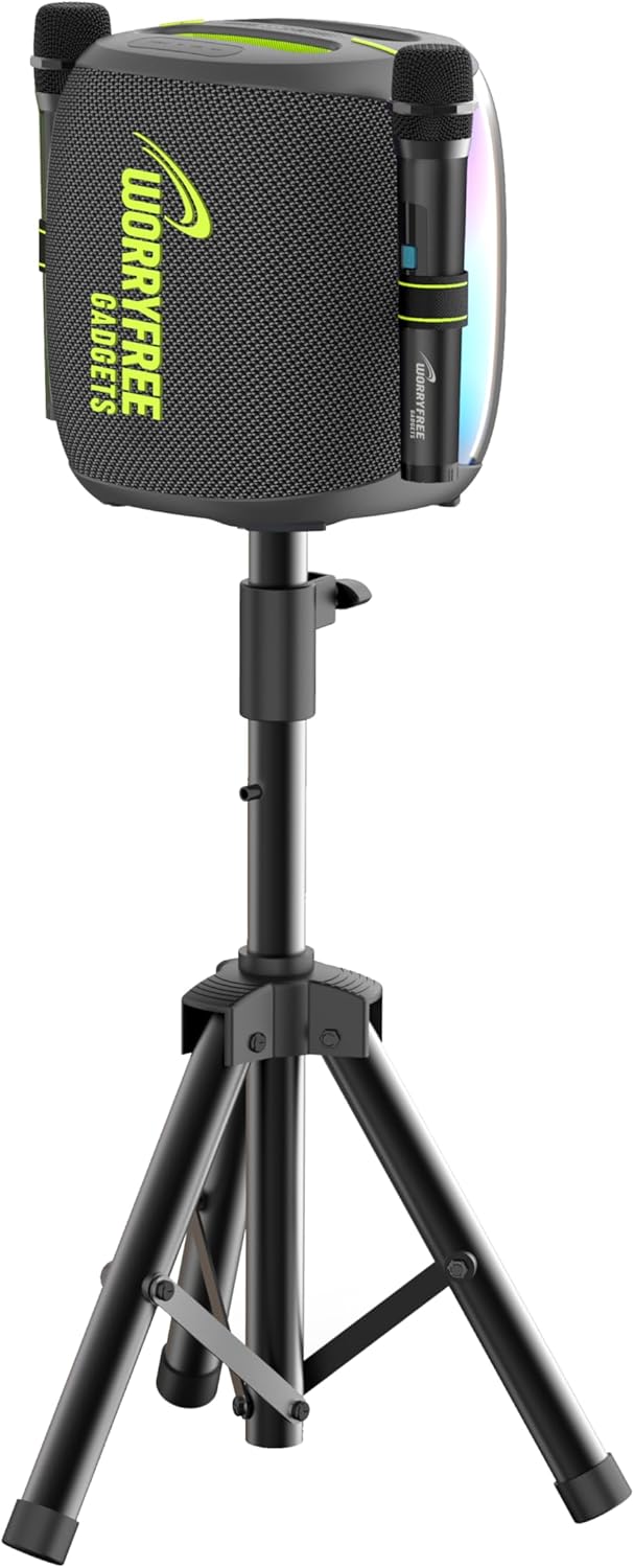 100W Portable Bluetooth Speaker with RGB Lights Two Wireless Microphones & a Tripod Stand IPX6 Waterproof TWS/TF Card/USB Input Wireless Speaker for Karaoke, Outdoor Indoor Parties (Gray)
