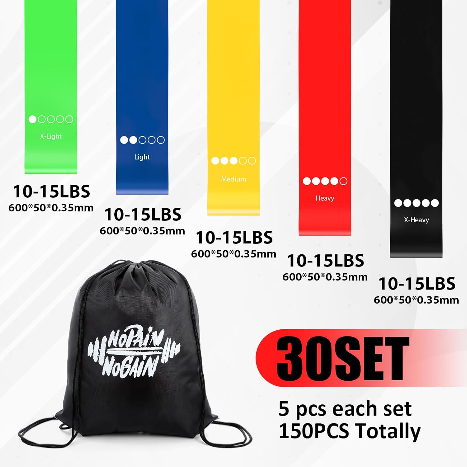 30 Set Include 150 Pcs Resistance Bands Bulk with 30 Pcs Drawstring Backpack - Loop Exercise Bands for Gift Gym Members Sports Class Students Christmas 5 Pieces Each Set with Storage Bag