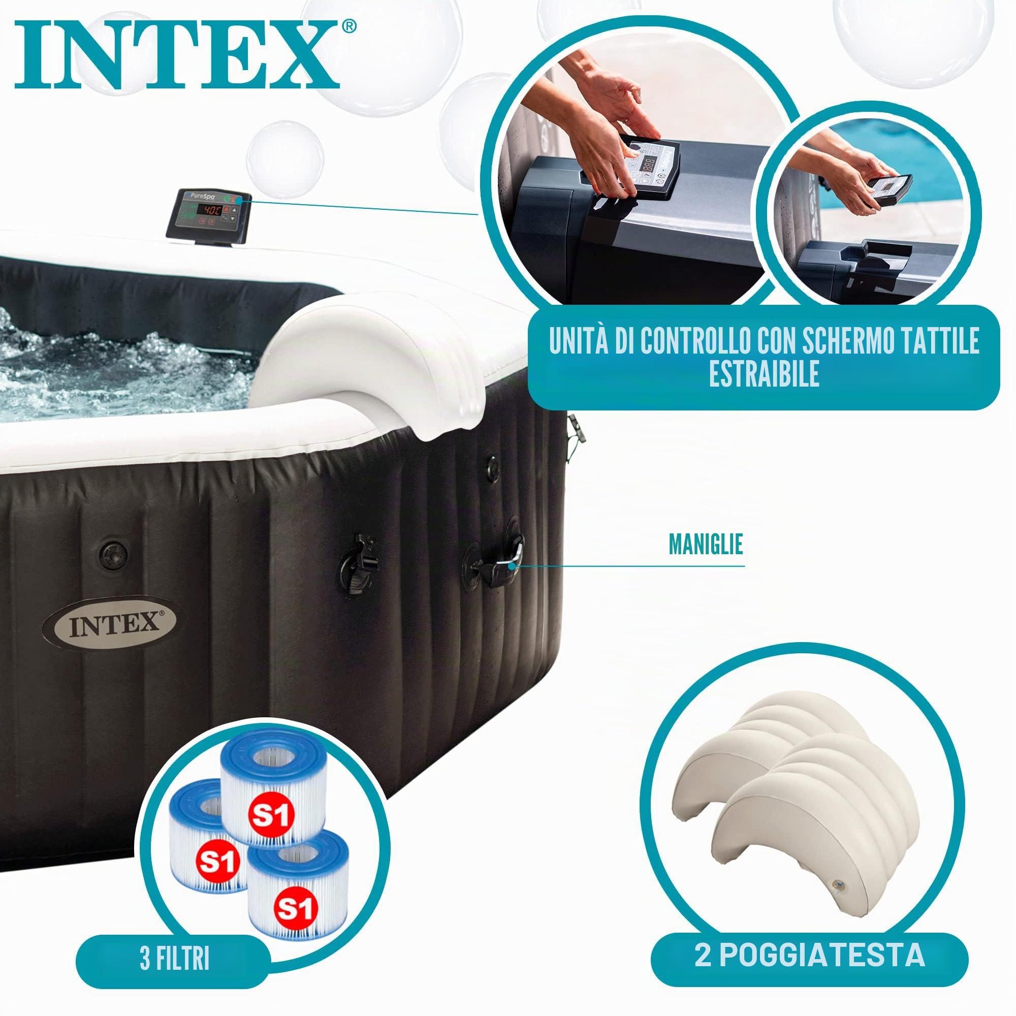 Intex 28462EX - PureSpa Vasca Idromassaggio Gonfiabile Jet&Bubble Deluxe Ottagonale, 6 posti, 140 Getti, Riscaldatore, Nero, 218x71 cm