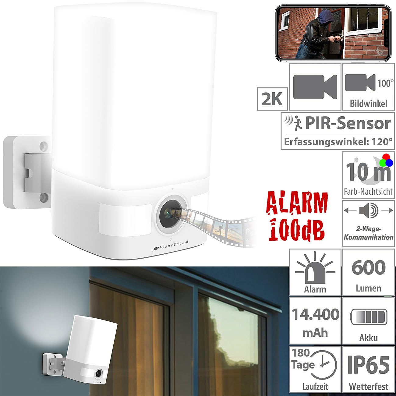 VisorTech wasserdicht: 2K-Akku-Überwachungskamera, LED-Licht 600 lm, Alarm, WLAN, App, IP65 (Überwachung Alarm Aufzeichnung, Überwachungskamera außen WLAN, PC)