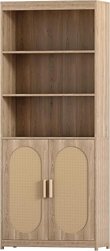 Miniatura 6 de SSLine Gabinete bohemio de ratán para oficina en casa de 71 pulgadas de alto, estantería de madera con 3 puertas decorativas de ratán y 3 estantes