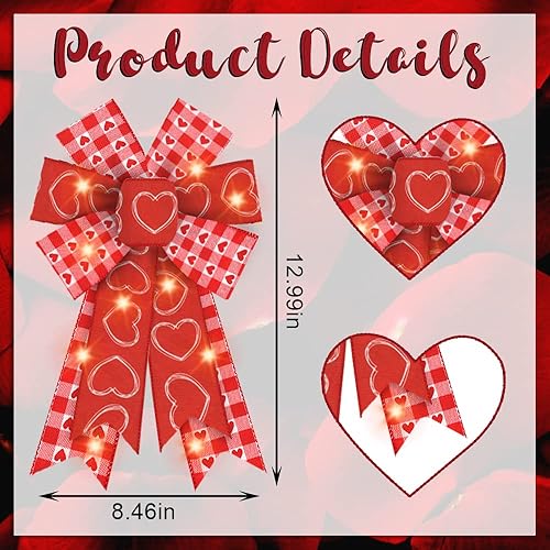 Miniatura 2 de 2 lazos LED para el día de San Valentín para corona, lazos de corona de San Valentín, lazos rojos a cuadros con luz LED, lazos de regalo de corazón