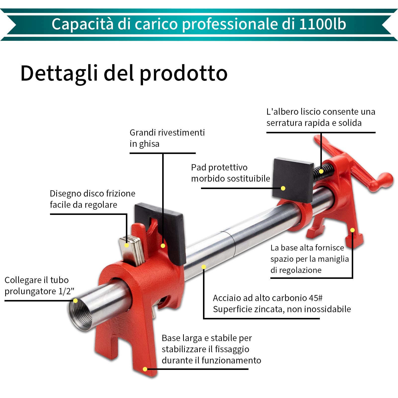Set di morsetti professionali per incollaggio del legno da 1/2 pollici H-Style con tubo in acciaio da 76,2 cm. Resistente limite di carico di 500 kg, per la lavorazione del legno