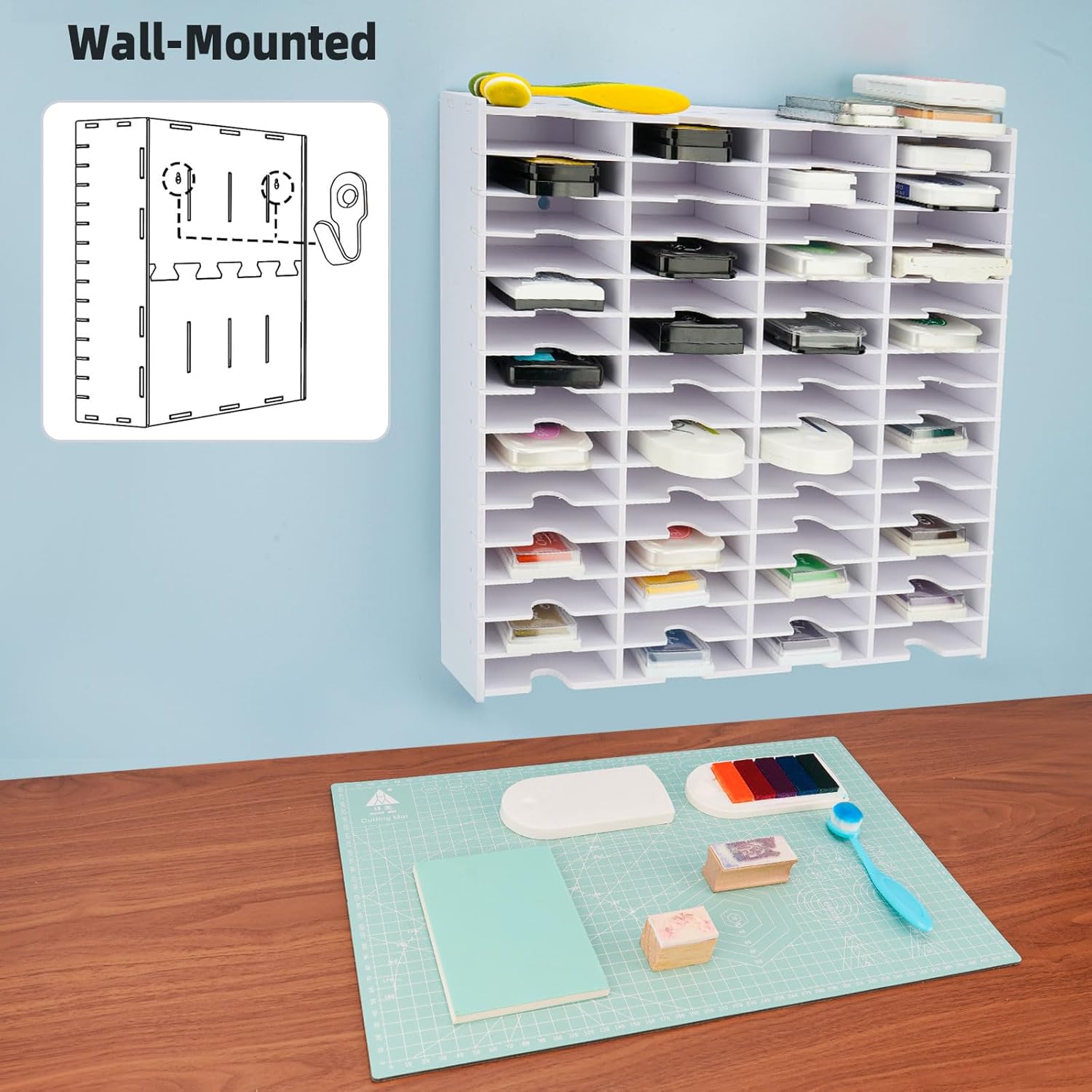 Sanfurney 60 Slots Ink Pad Storage Holder Wall-Mounted Stamp Pad Organizer Fit for Standard Size Ink Pads, Craft Supply Storage Holder for Desktop