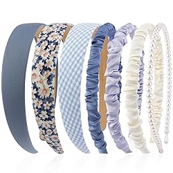 VELSCRUN 7 Pcs Different Headbands for Women Fashion Blue Solid Head Bands Pearl Headband Non Slip Hair Band for Womens Thin Thick Short Hair Face Wash Hair Accessories Gifts for Women Gilrs