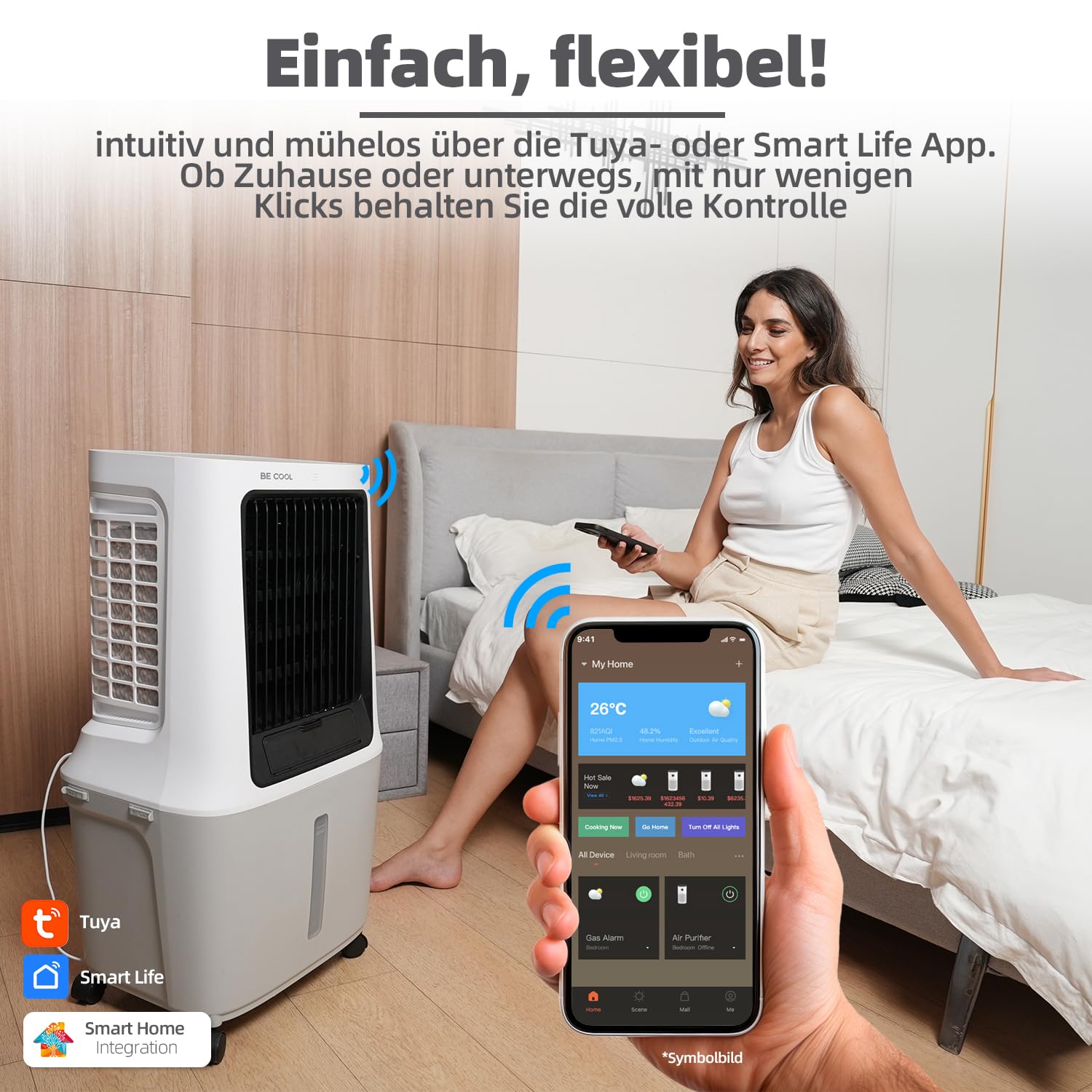 BE COOL Luftkühler | 30L Wassertank | 120W | WiFi-Steuerung | 1800 m³/h Luftzirkulation | 15m Reichweite | Trockenluftfunktion | LED-Display | Timer | Fernbedienung | BC30ACP2501W