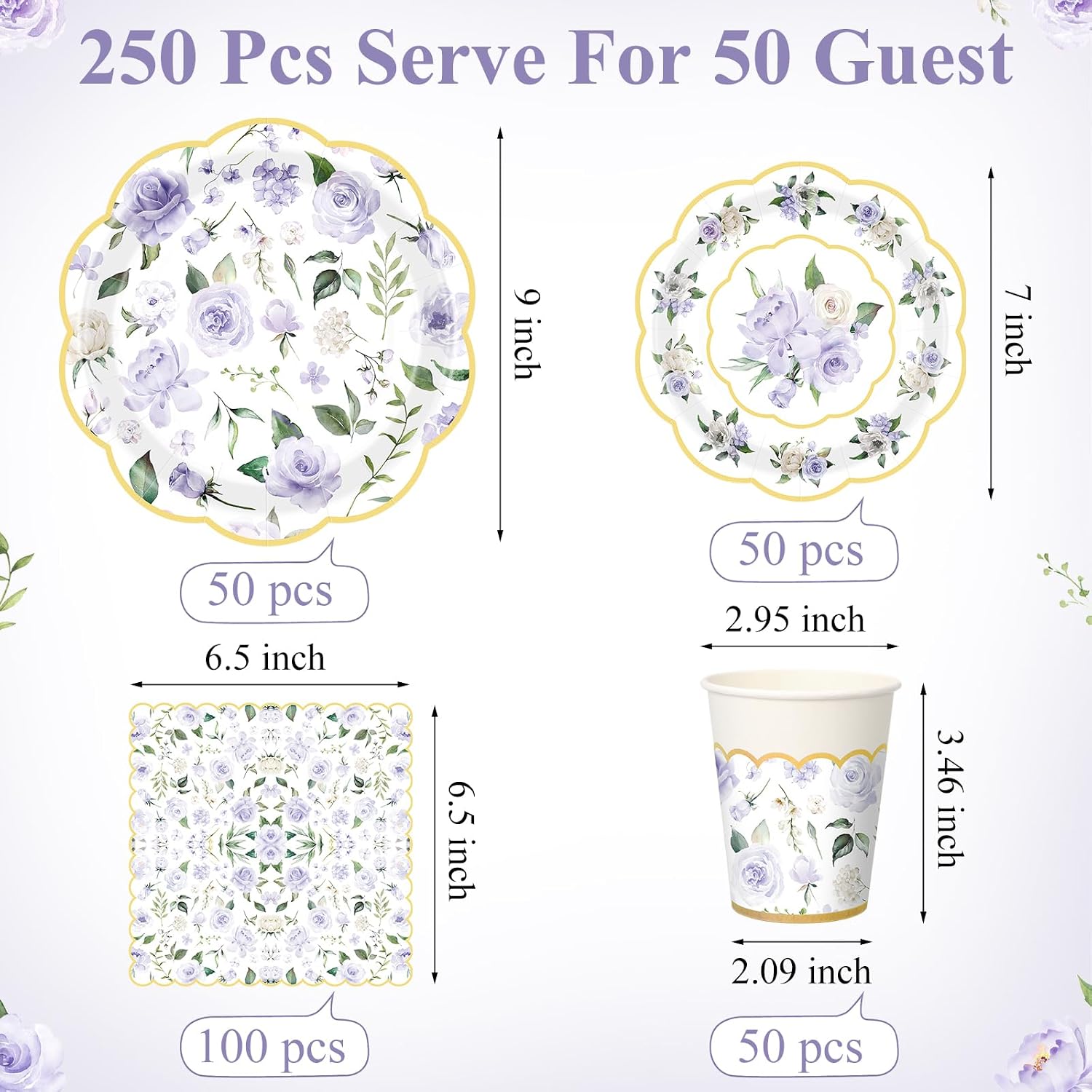 Funnymoom 250 Pcs Floral Party Decoration Flower Paper Plates Napkins and Cups Purple and Gold Floral Disposable Tableware Set for Bridal Shower Baby Shower Wedding Spring Tea Party Supplies Serves 50