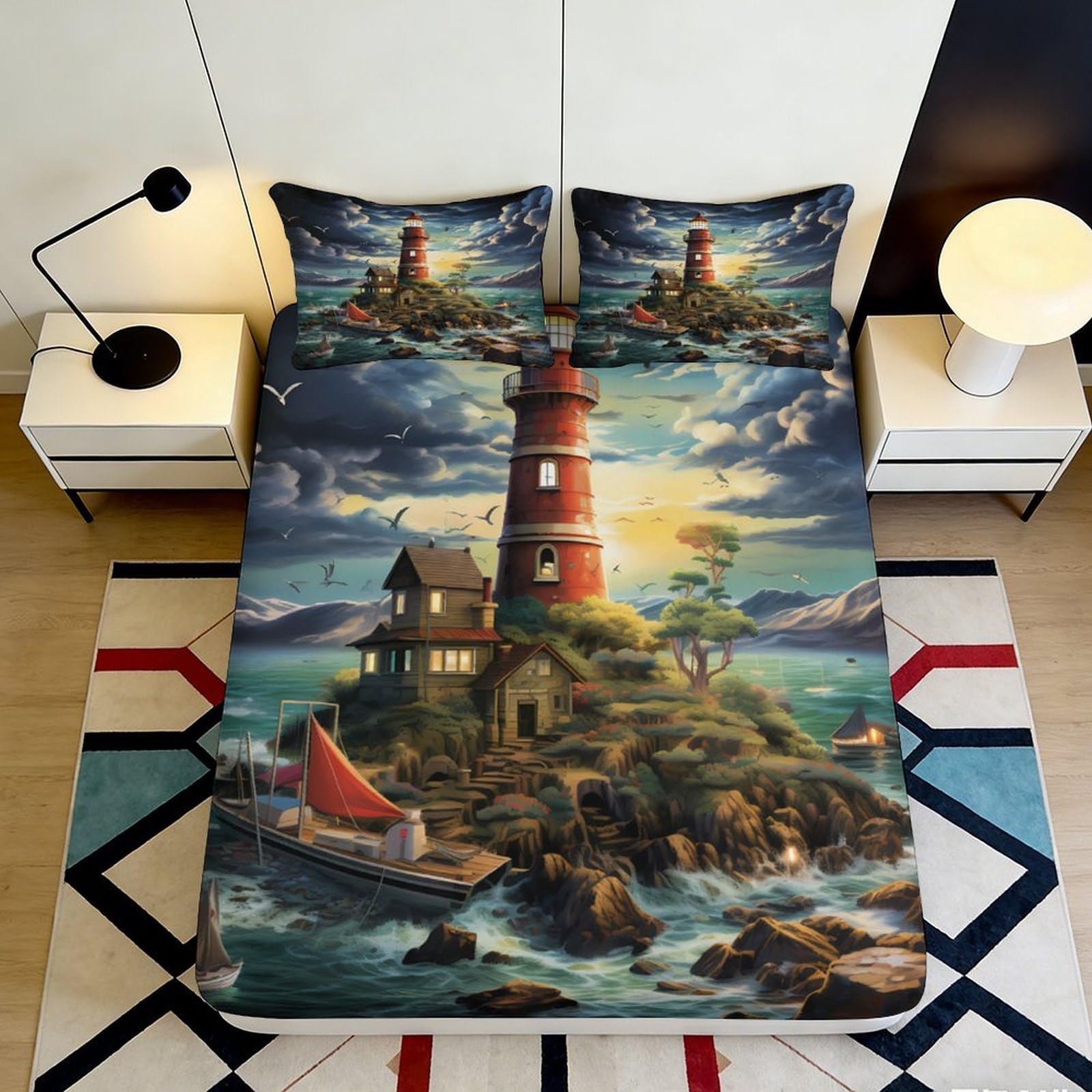 Jqzkxnhpbr Style-7 3D Printed Lighthouse Ocean Fitted Sheet Microfiber Artistic Bed Cover For Bedroom Guest Room Decor Mattress Protection 90X200x25cm
