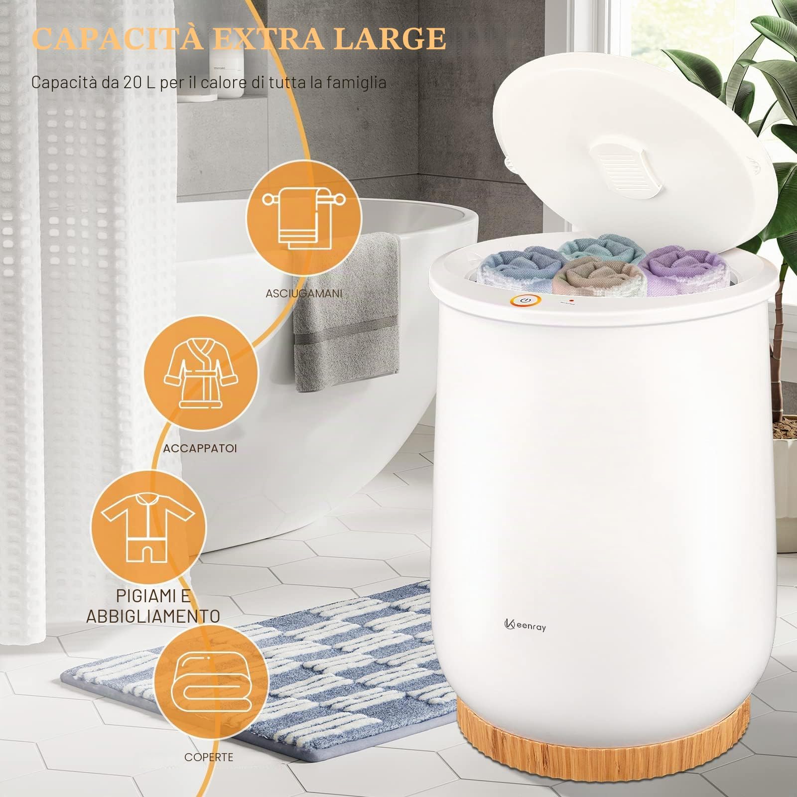 Keenray Scaldasalviette Stile Secchio, Scalda Asciugamani Secchio Elettrico per Bagno, Controllo a 1 Pulsante, Spegnimento Automatico, Adatto a Due Accappatoi Grandi, Coperte Pigiami e Altro