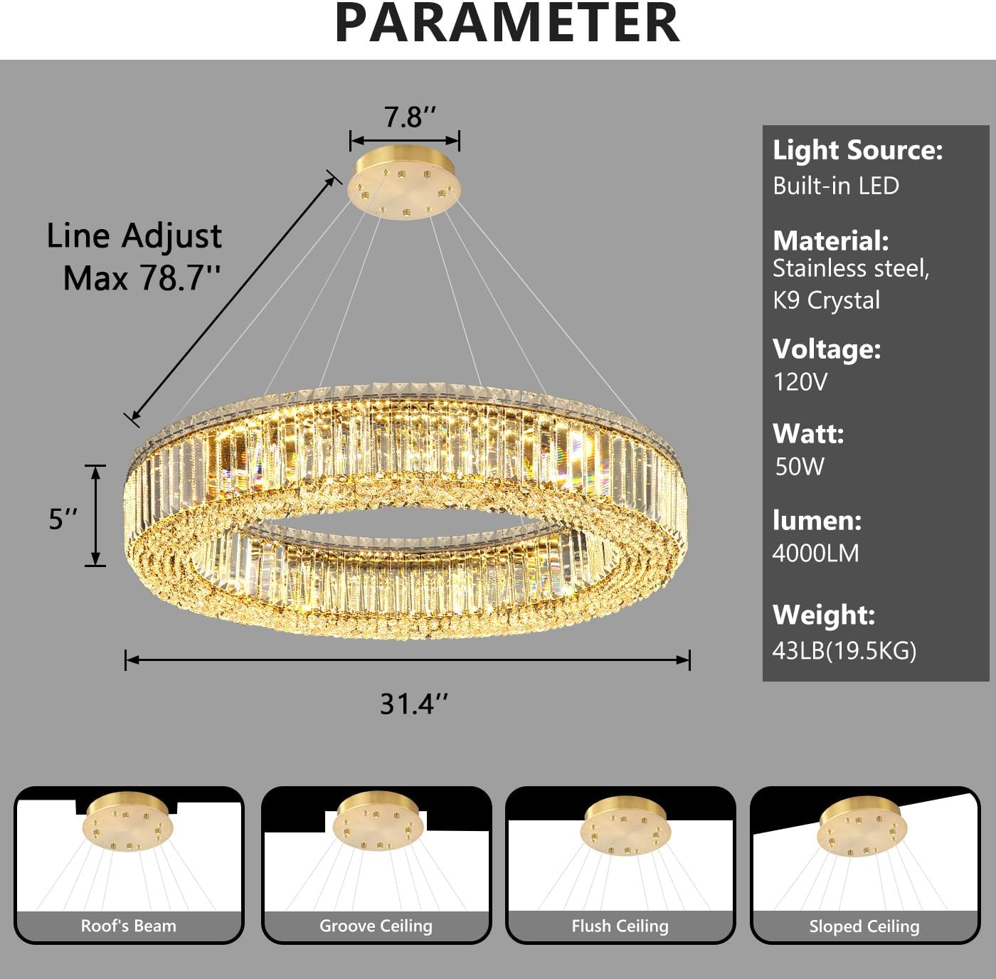 32'' Modern Ring Chandeliers for High Ceiling Luxury Dimmable Crystal Ceiling Light Fixtures for Foyer Staircase Entrance Villa Large Gold