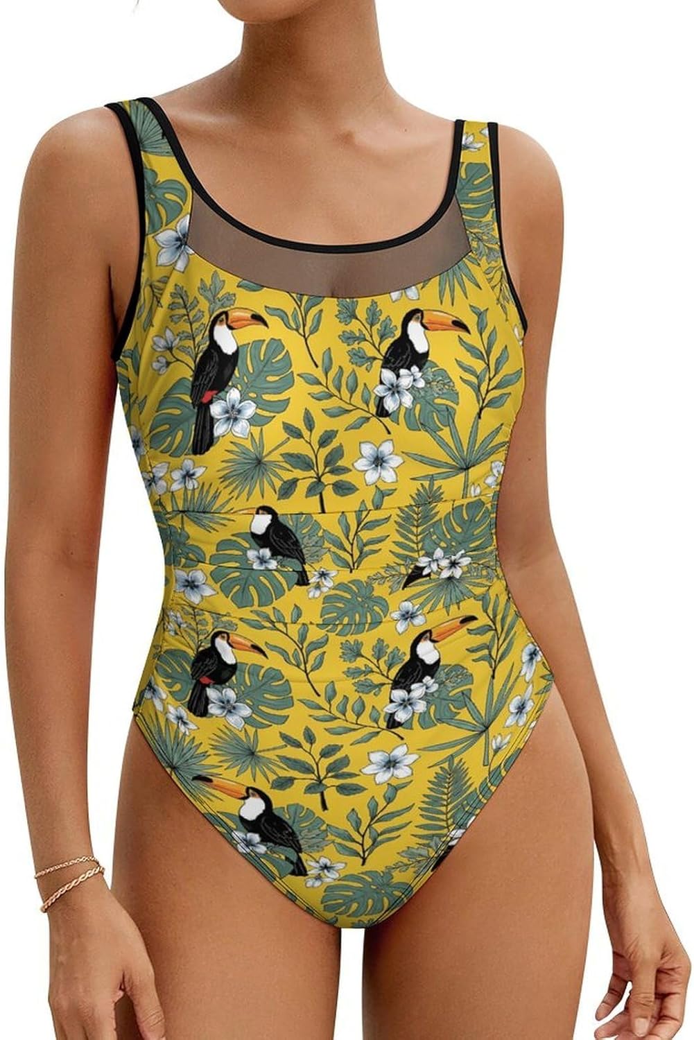 Womens One Piece Dinosaur Swimsuit Mesh Open Back Tummy Control Bathing Suit Full Coverage U Neck Swimwear XXL