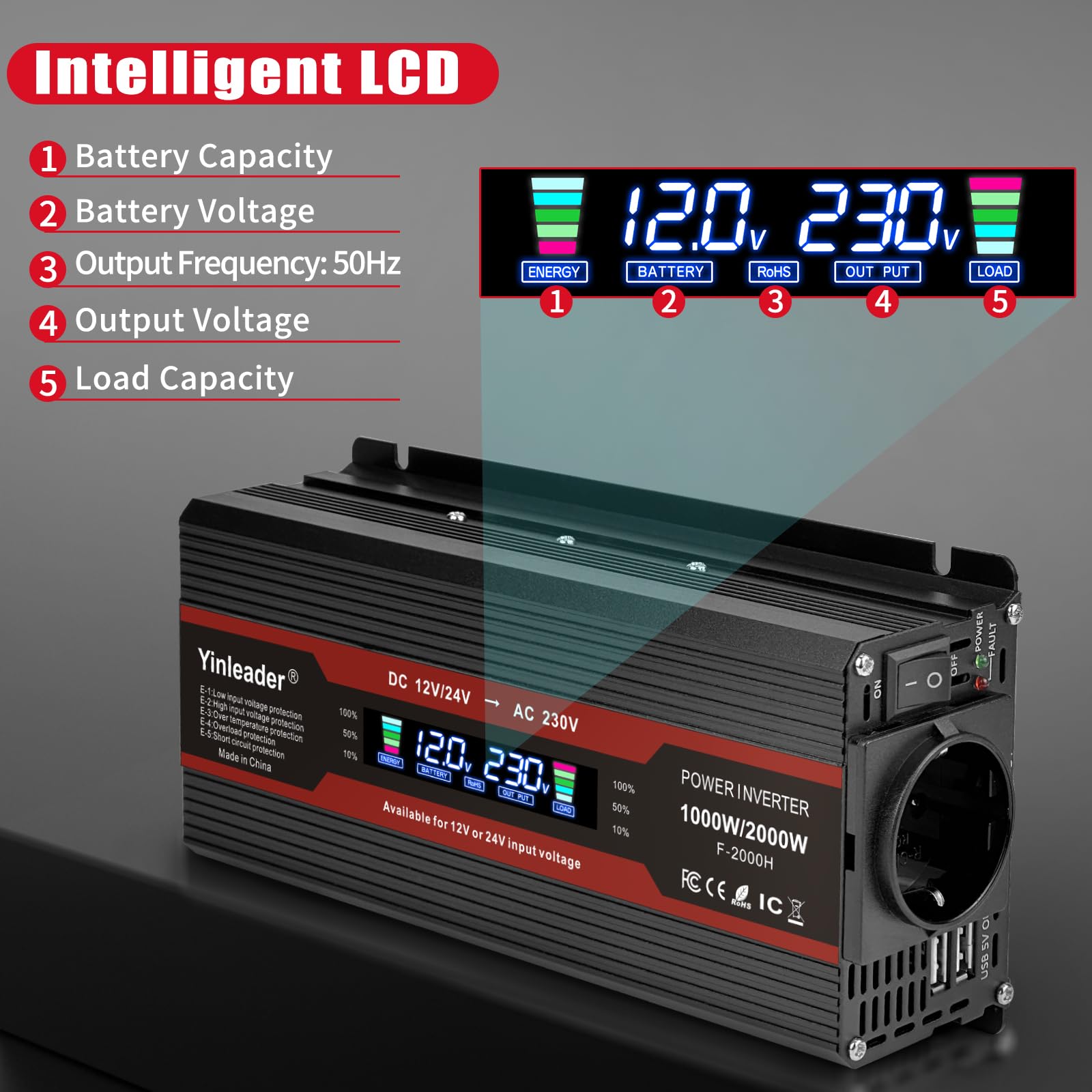 Yinleader 2000W Wechselrichter 12V/24V auf 230V KFZ Spannungswandler mit LCD Display 1 EU Steckdose und 2 USB-Ports KFZ Inverter mit Zigarettenanzünder für LKW, Auto, Wohnmobil, Camping