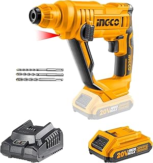 Ingco Cordless Rotary Hammer, 20V Lithium-Ion Hammer Drill For Home Use, 5100 Bpm, 2 Mode Operation, 1.5J, Rotary Hammer With Sds-Plus Drill Bits, With A 2.0Ah Battery And Fast Charger - Multicolor