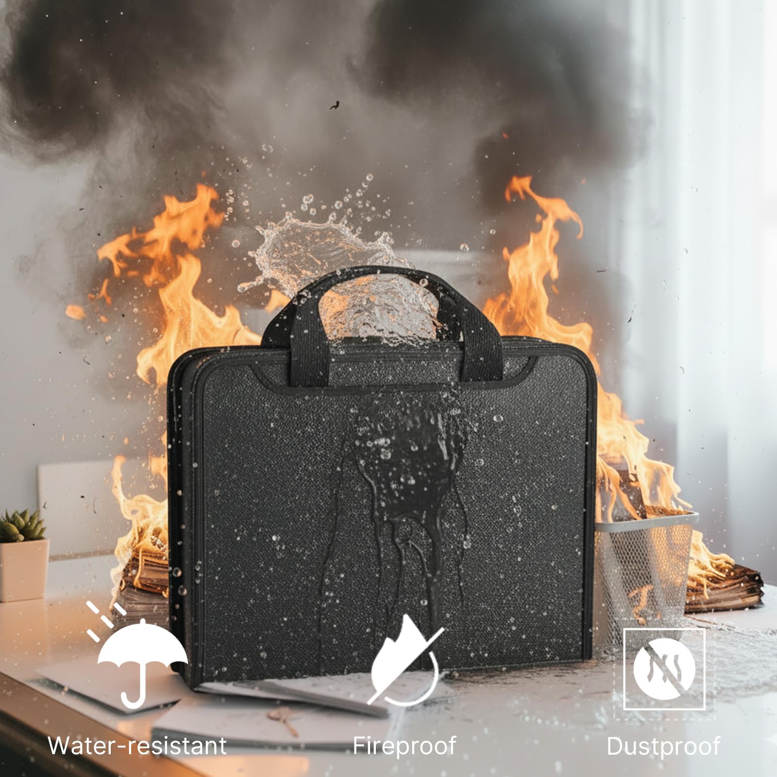 Pomodee Fireproof File Organiser Important Document Organiser Storage,Portable Expending File Folders with Zipper & Handle,Fire Safe Bag 13-Pockets for A4 Document,Black - Image 2