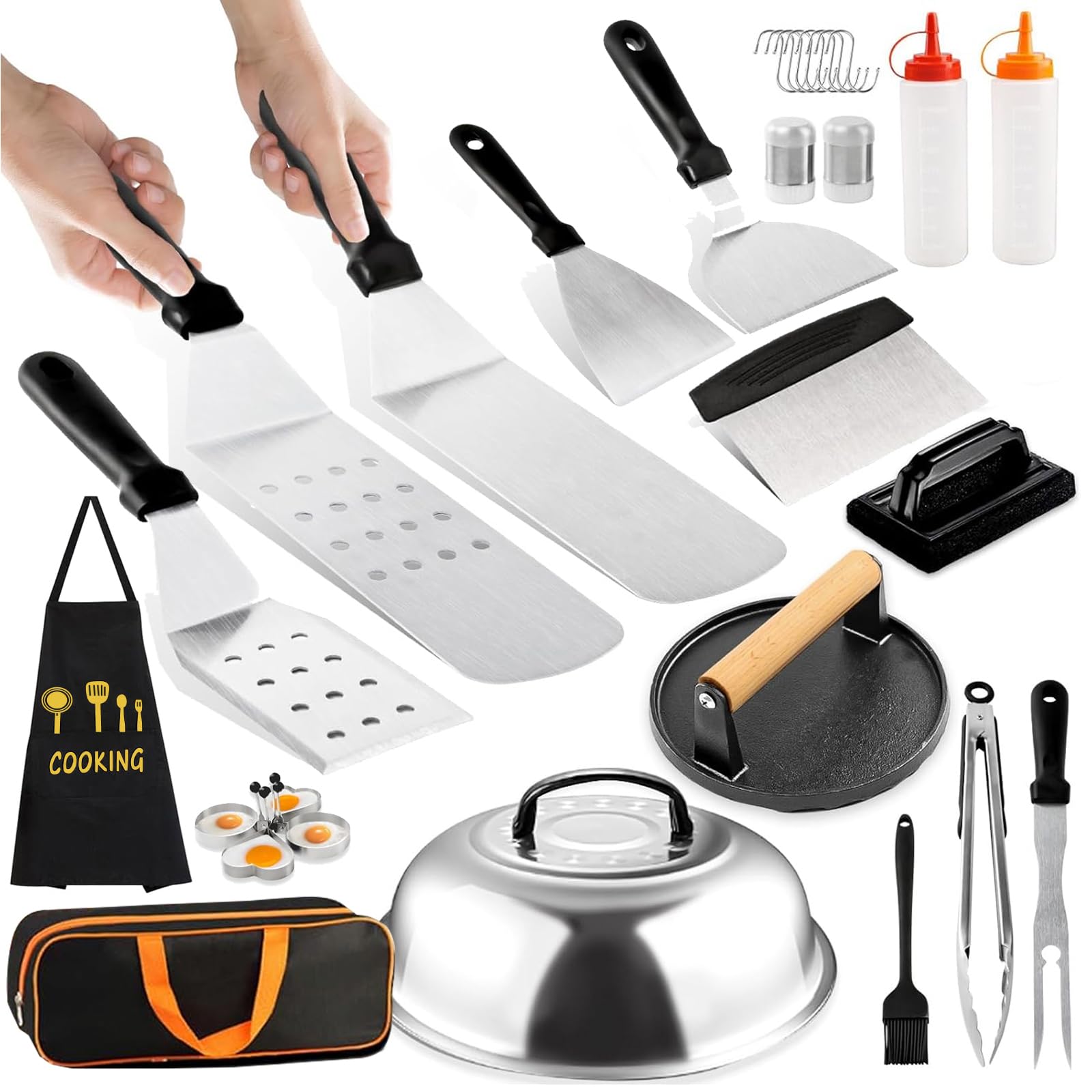 WOSIFUPO Griddle Accessories Kit, 30 PCS Flat Top Grill Accessories for Blackstone and Camp Chef, Metal Spatula Set with Burger Press, Melting Dome, Scraper, Tongs, Carry Bag for Outdoor Grilling BBQ