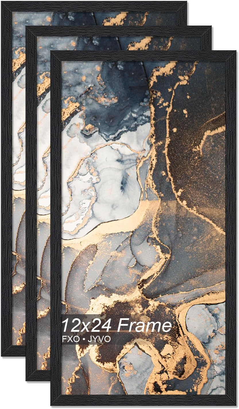 Engineered Wood 12x24 Picture Frame Set of 3, Black Frame for 12 x 24 Inch Picture Poster Photo, Light Weight 12 by 24 Frame with Wood-grain for Wall - 3 Pack/Black/12 x24 3 12x24