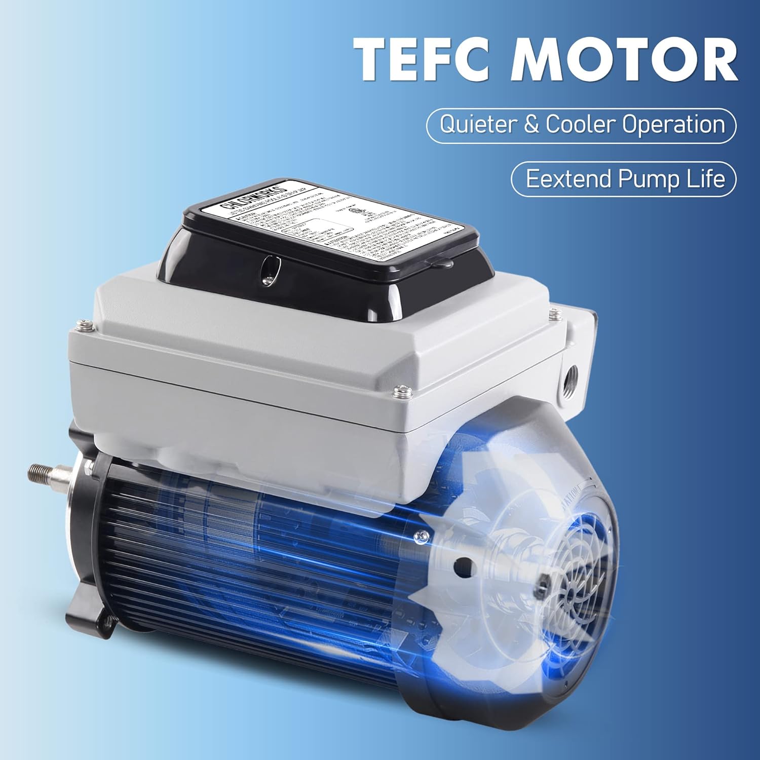Illustration of a TEFC motor highlighting quieter and cooler operation for extended pump life.