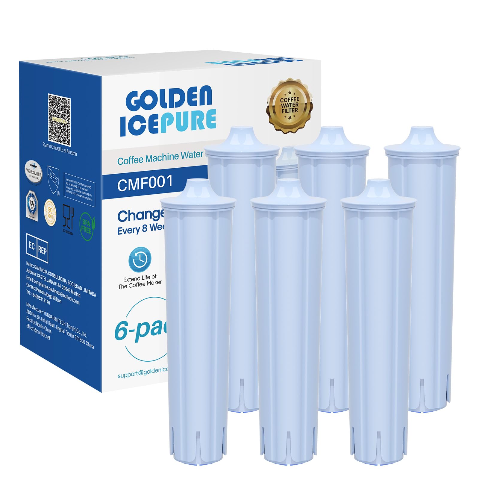 GOLDEN ICEPURE NSF-zertifizierter vollautomatischer Kaffeemaschinen-Wasserfilter-Ersatz für Blue Filterpatrone, kompatibel mit ENA®, Packung mit 6 (Nicht für E6, E8)