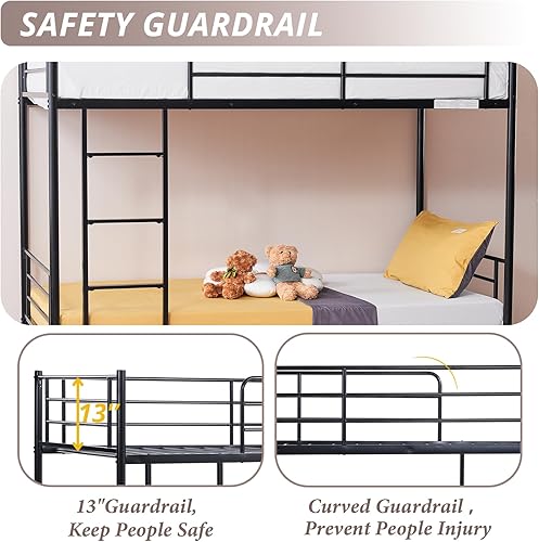 Miniatura 4 de Karl home Litera negra individual sobre individual, litera de metal con escalera integrada y barandilla de seguridad, literas individuales que