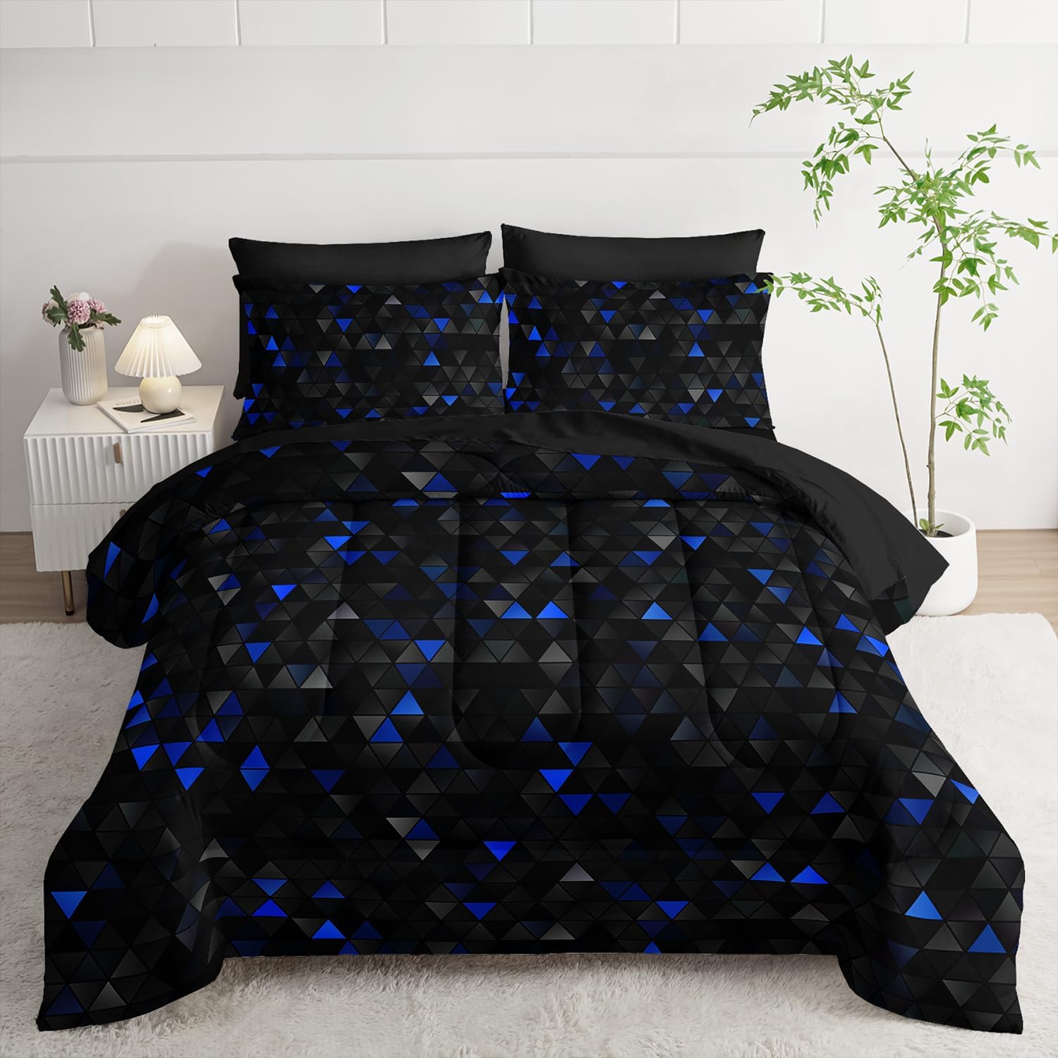 Geometric Blue Black Triangle Full Size Comforter Set,Light Honeycomb Bedding Set 7 Piece in A Bag,Bed Sheet Set Geometry Decor,Microfiber Lightweight All Season