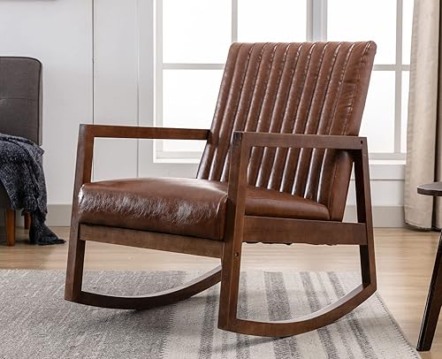 Miniatura 18 de VESCASA Mecedora tapizada con respaldo copetudo de canal, moderna y cómoda de mediados de siglo con cera de aceite de piel sintética con marco de