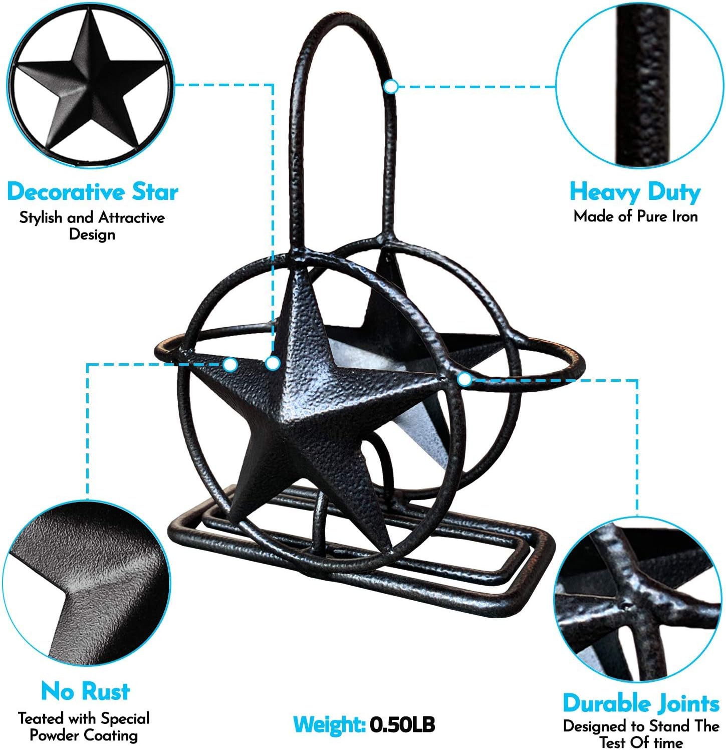 Black Rustic Texas Star Salt and Pepper Holder - Country Farmhouse Iron Metal Primitive Kitchen Countertop Holders, Western Style Caddy for Shakers, Table Counter Decor (Salt & Pepper Shaker Holder)