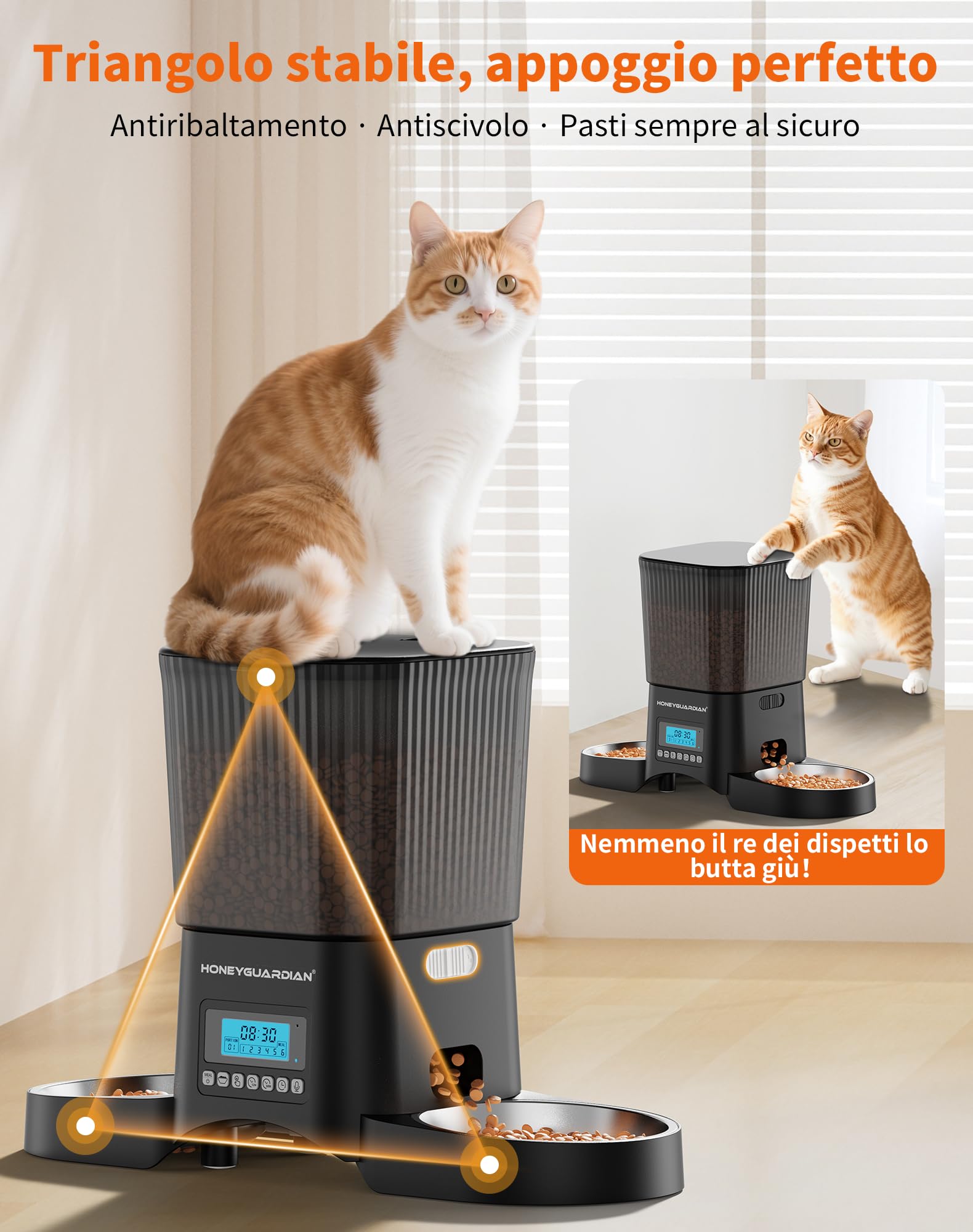 HoneyGuaridan Distributore Automatico Cibo Gatti con Programmable Timer | 3.5L dispenser crocchette gatto, 2 ciotole in acciaio inox 304 e 2 ciotole slow feed, 1-6 pasti/giorno, 1-24 porzioni/pasto