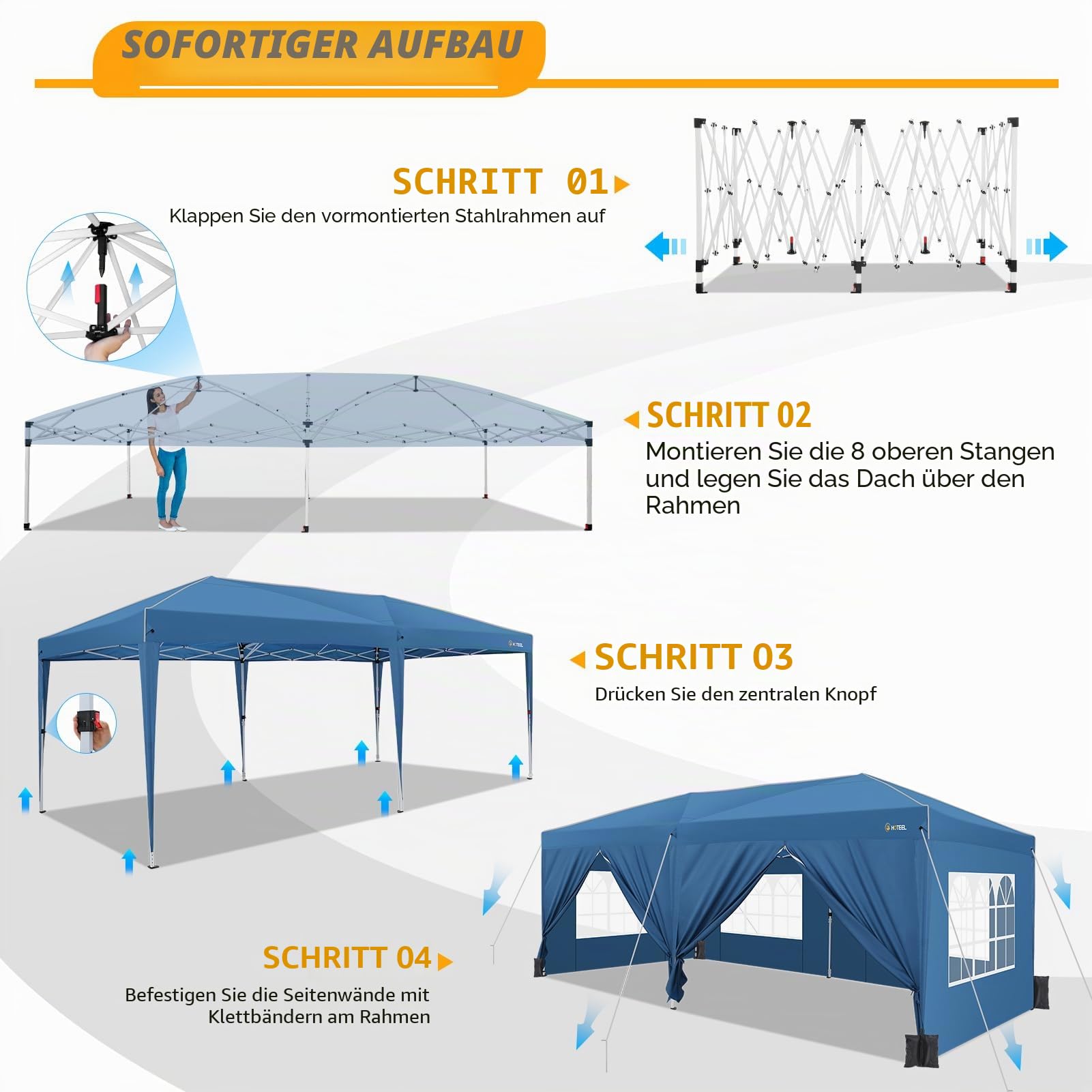HOTEEL Pop-Up-Zelt mit Mittelschloss, 3 x 6 m, einfach aufzubauen, Baldachin mit 6 Seitenwänden, 4 Sandsäcken, wasserdichte Zelte für Partys, Hinterhof, Veranstaltungen, Himmelblau
