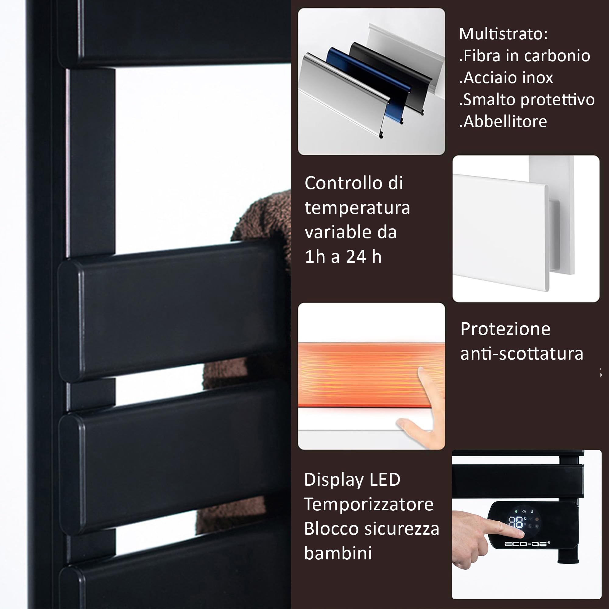 ECO-DE Ecode - Portasciugamani elettrico con gambe, programmazione 24/7, radiatore a secco, 500 W IP24, ""Towel Heat"", WiFi, controllo app tuia, schermo a LED. 105 x 56 x 2 cm. ECO-701N (nero)