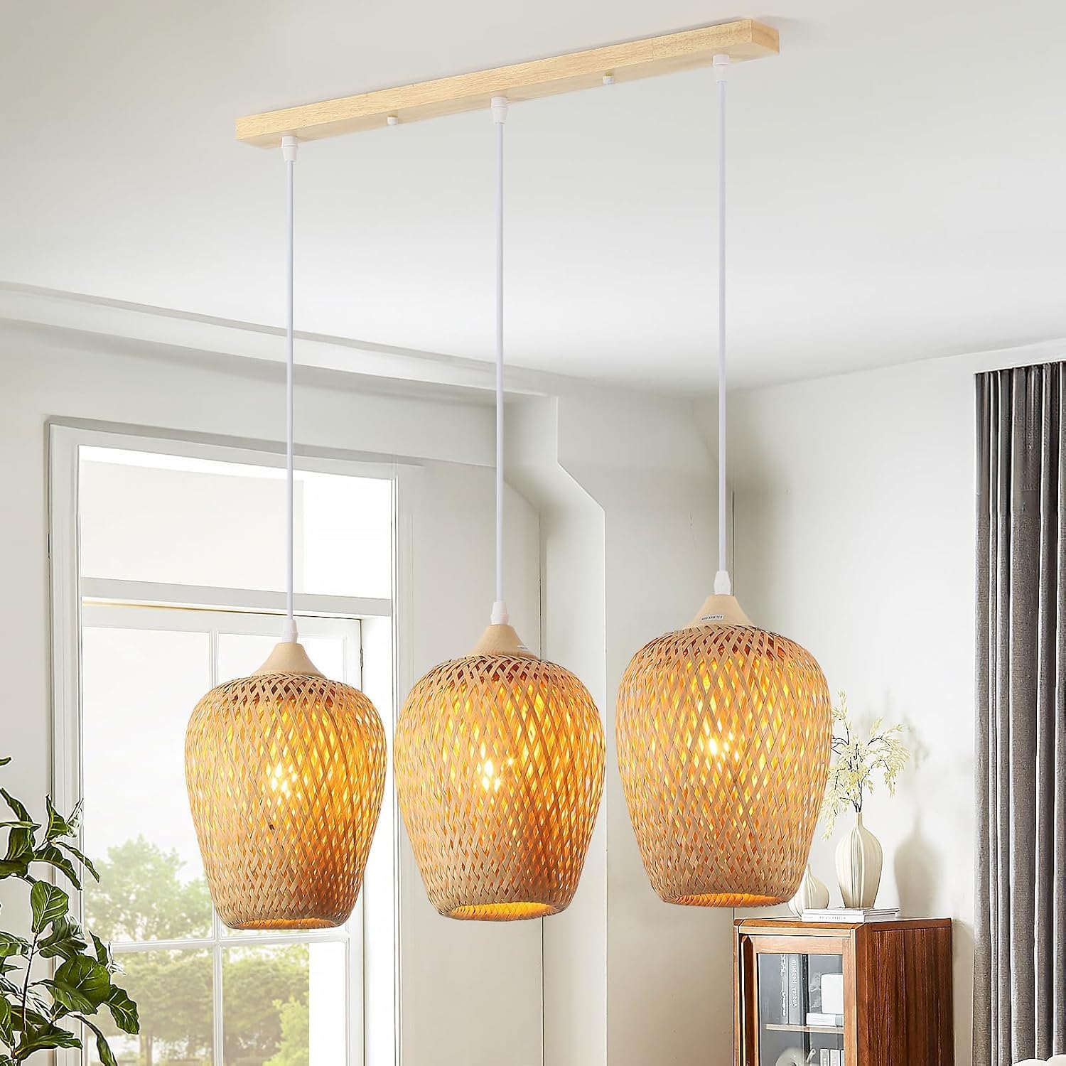 Lampada A Sospensione In Bambù Intrecciato Lampadario Artigianale Ellittica Sospensione Vintage Industriale E27 For Isola Cucina Sala Da Pranzo Soggiorno(3-flammig)