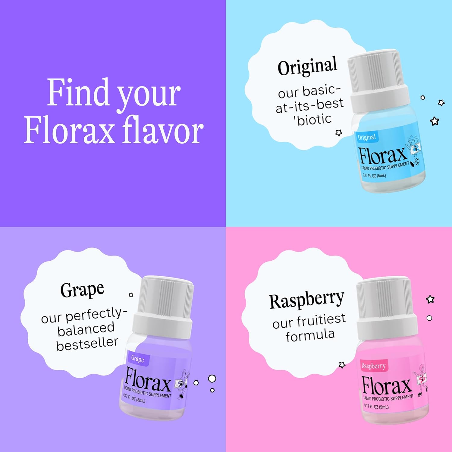 Florax - Liquid Probiotic - On-The-go Gut Support for Women, Men, and Children - Vegan, Gluten Free, Lactose Free, Soy Free and Preservative Free - Grape Flavor - 5 Vials