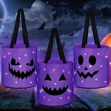 Sadnyy 3 Pcs Halloween Trick or Treat Bag Light Up,Purple | Kids Candy Bucket, LED Cute Pumpkin Treating Baskets, Reusable Goody Tote Bag for Party Favor Gift