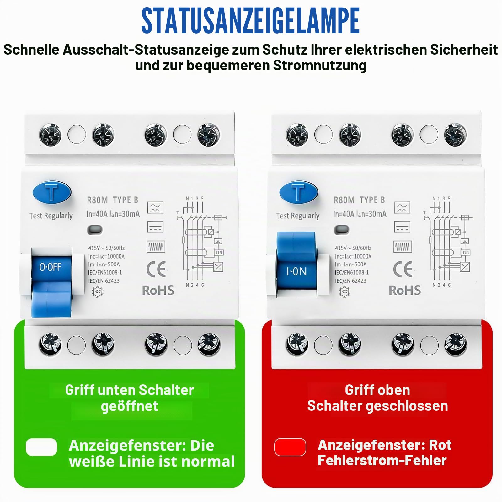 Fi Schutzschalter Typ B 40A 30mA 4P, Fi Typ B, Fi-Schalter 4 Polig RCD Fehlerstromschutzschalter TypB Schalter Allstromintensiv DIN Hutschiene für Sicherungsautomaten Wallboxen Ladestationen
