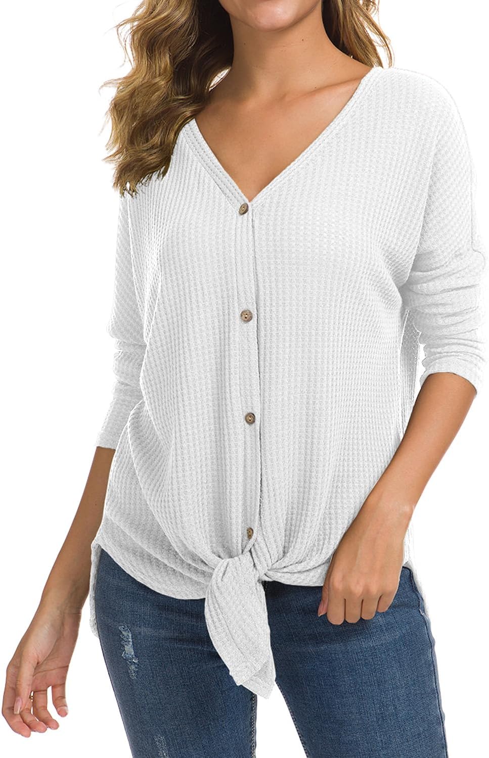 IWOLLENCE Women's Waffle Knit Tunic Blouse Tie Knot Henley Tops Loose Fitting Bat Wing Plain Shirts