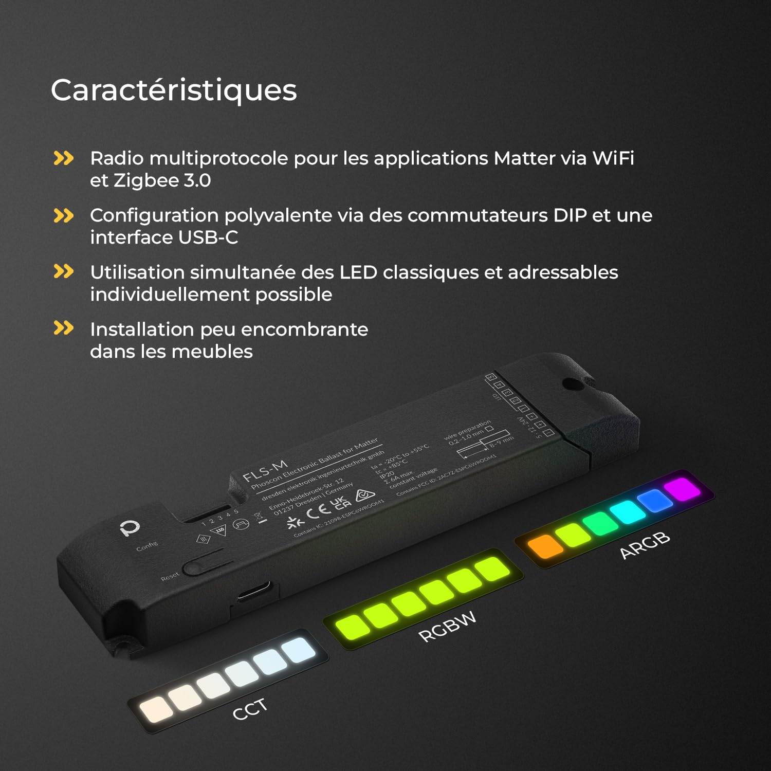 FLS-M - Contrôleur Matter Zigbee pour Bandes LED et LEDs Adressables Individuellement, RGBW, RGB+CCT, Couleur Unique, WS2812B