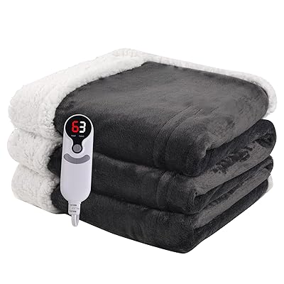 Minervada Heated Blanket Electric Throw 50''x60'', 1-10 Hour Auto Shut-Off 9 Heating Levels Small Warm Soft Flannel Electric Blanket Machine Washable - Dark Gray