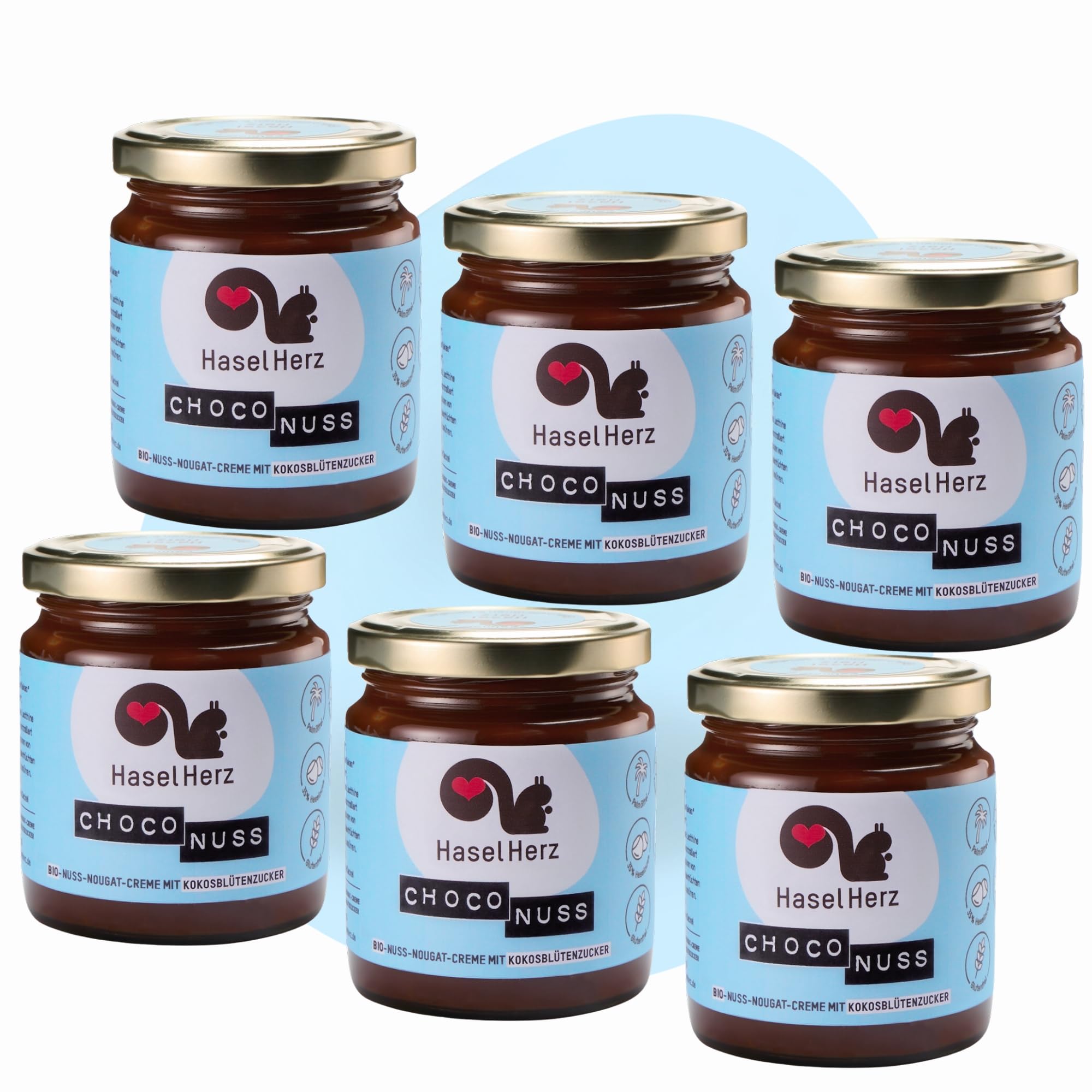 Hasel-Herz Bio Nuss-Nougat-Creme Brot-Aufstrich 6 Gläser x 220g | Gesüßt mit Kokosblütenzucker, ohne Palmöl | 35% Nussanteil, kontrollierter biologischer Anbau, nicht vegan