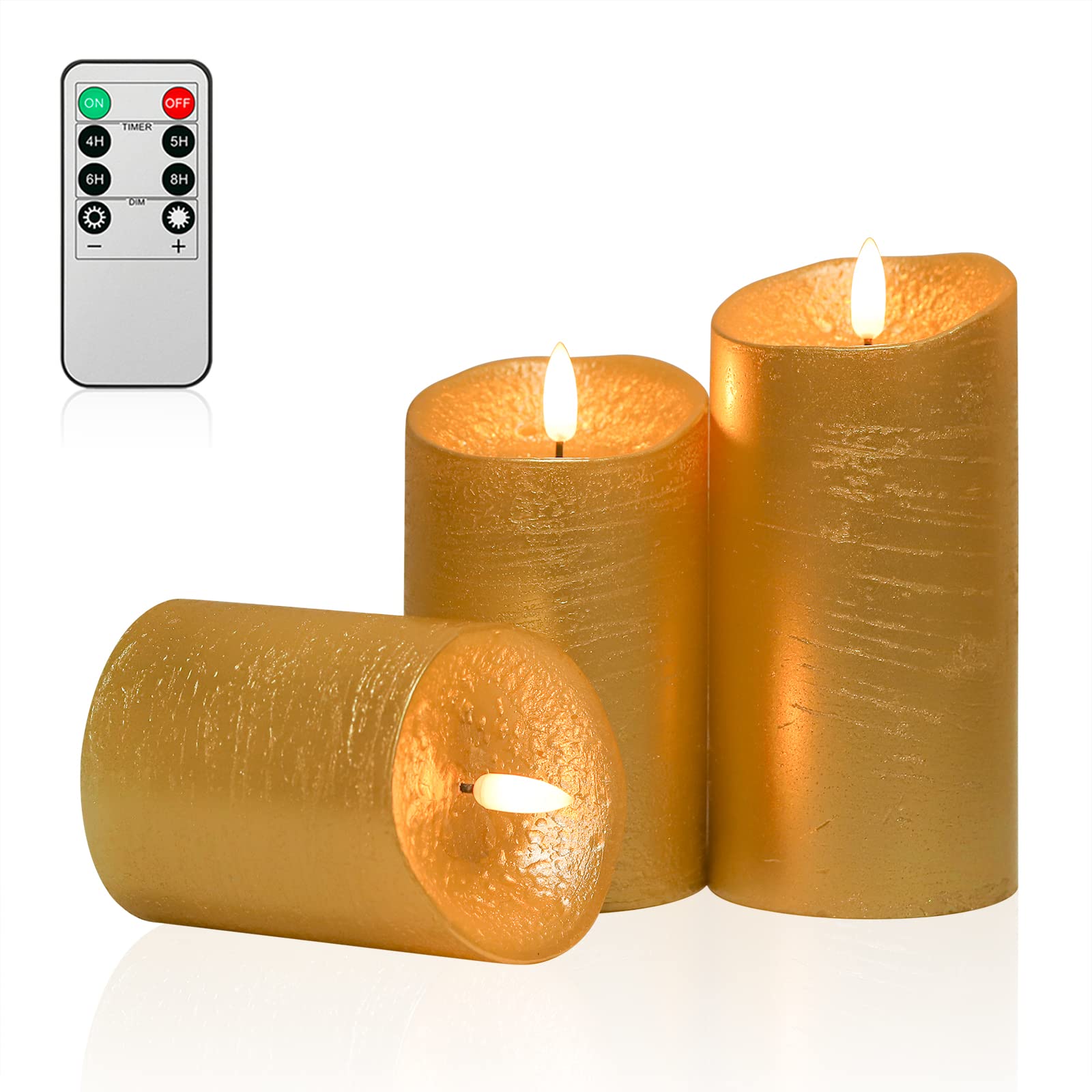 ANGELLOONG Flickering Flameless Candles with Timer, Battery Operated Candles with Remote, Set of 3 Real Wax Holiday LED Candles for Valentines Wedding Party Home Decor, Gold