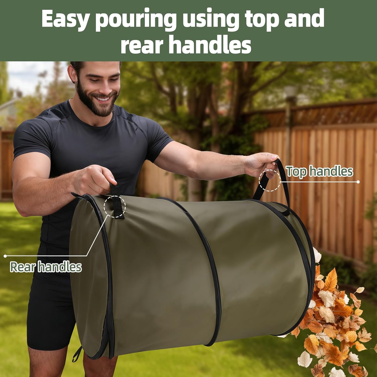 Collapsible Trash Can Camping, 30-Gallon Pop Up Outdoor Garbage Can for Collecting Weeds, Leaf, Party and Yard Waste, Green